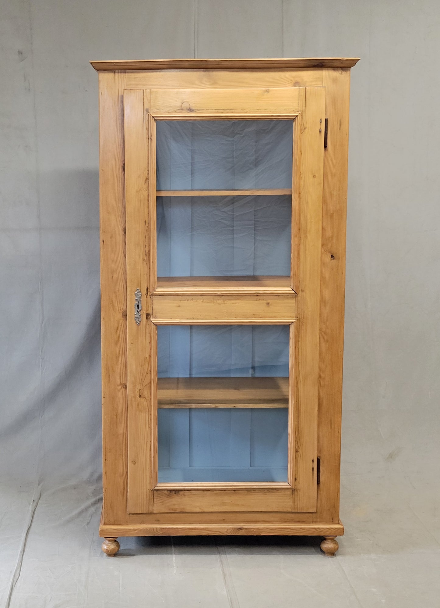 Antique German Pine Display Cabinet With Painted Blue Interior