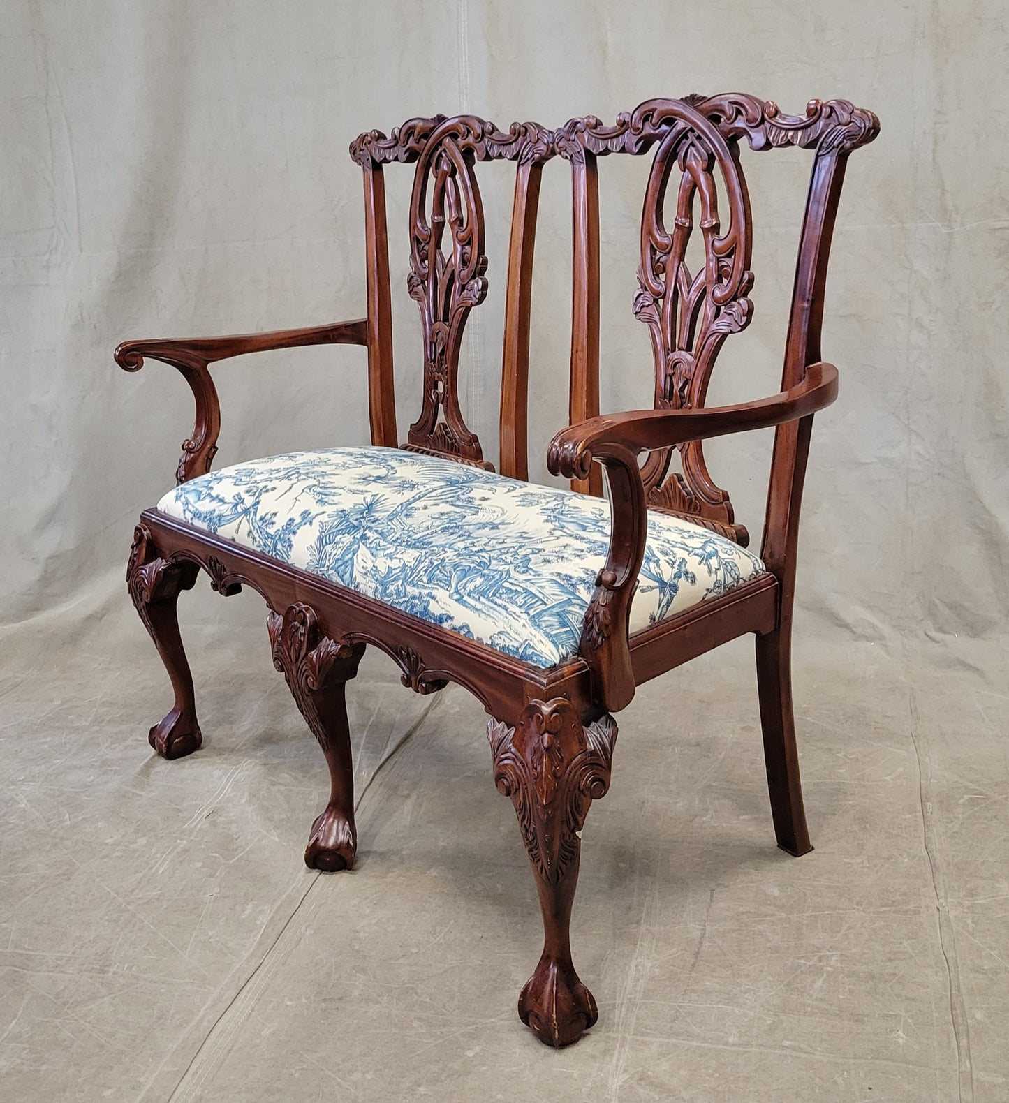Vintage Mahogany Chippendale Bench With Schumacher Chinoiserie Upholstery