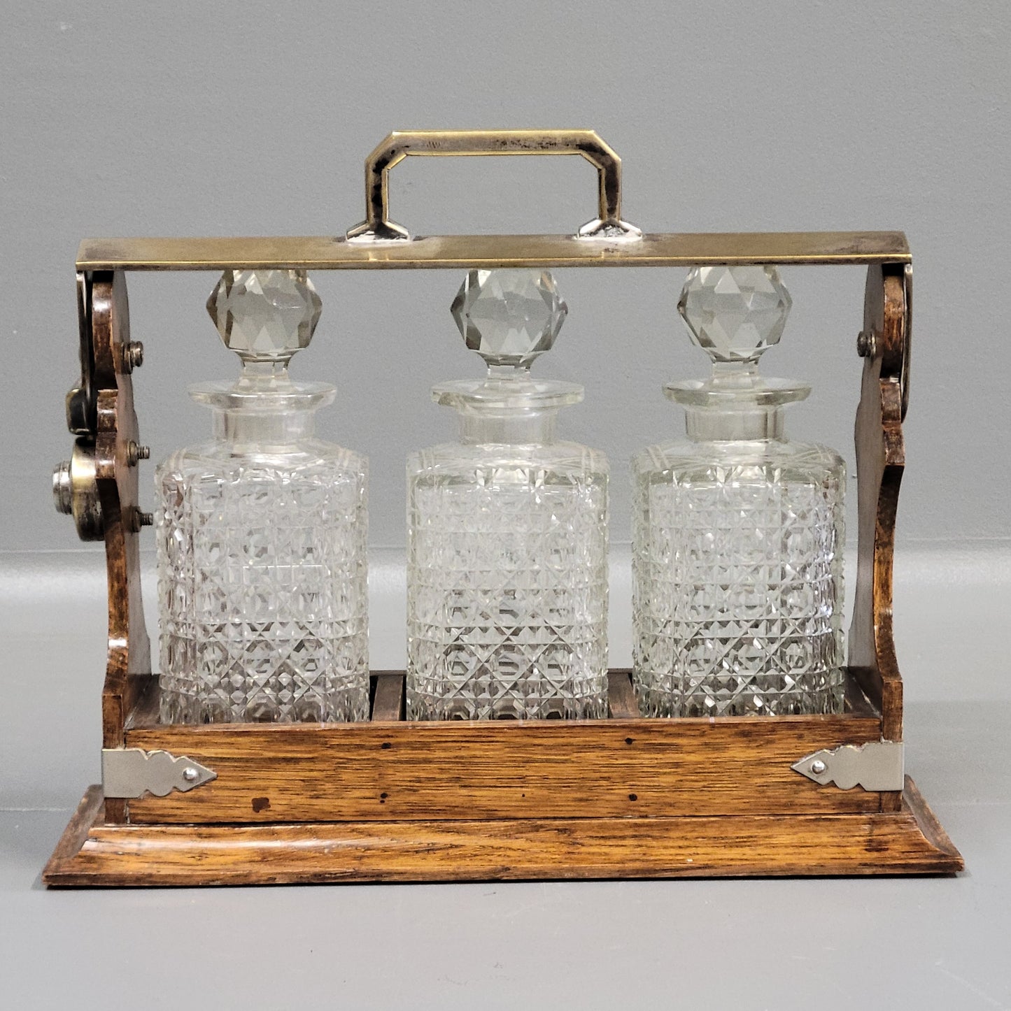 Antique Circa 1900 English Three Bottle Cut Crystal and Oak Tantalus