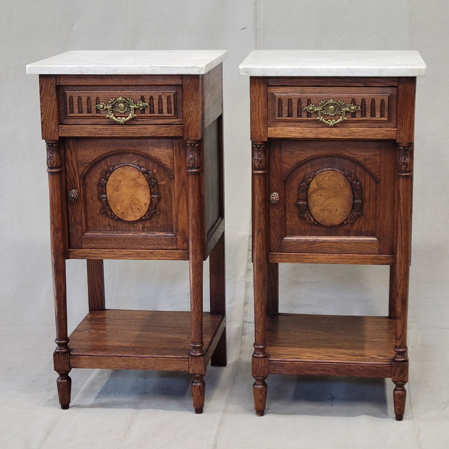 Antique Circa 1900 French Oak Pot Cupboards Nightstands With Carrera Marble Tops- a Pair