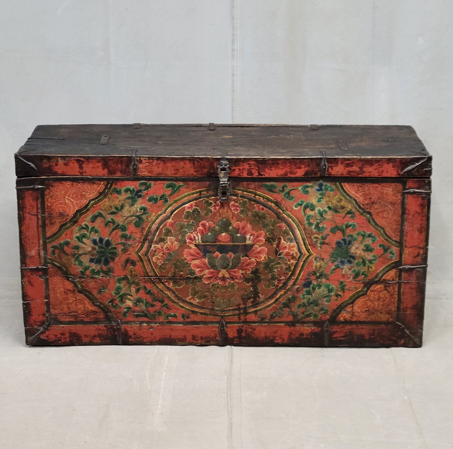 Antique Early 1900s Tibetan Trunk With Original Paint in Flaming Jewel Motif