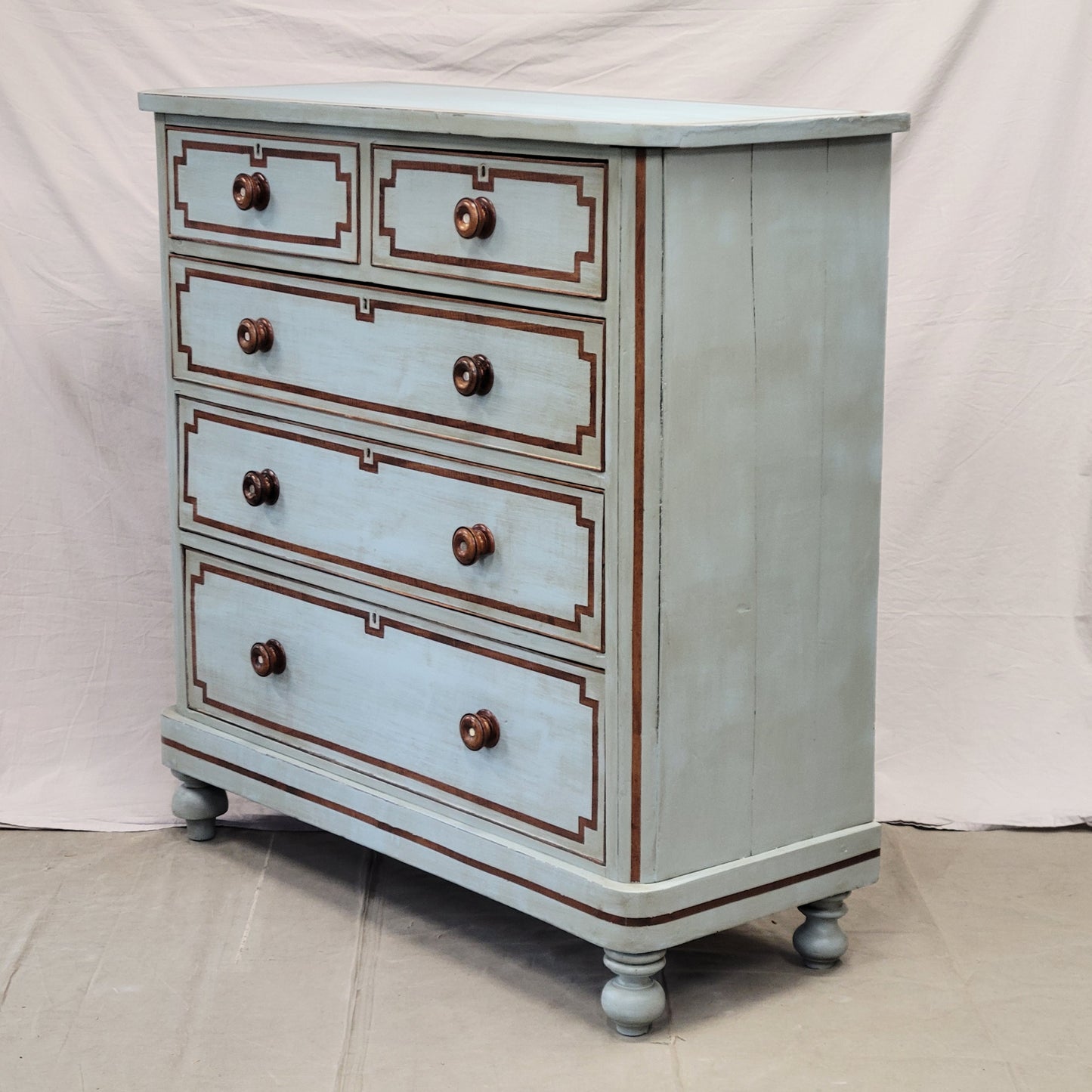 Antique English Blue Painted Dresser With Mahogany Pulls Inset With Mother-of-Pearl