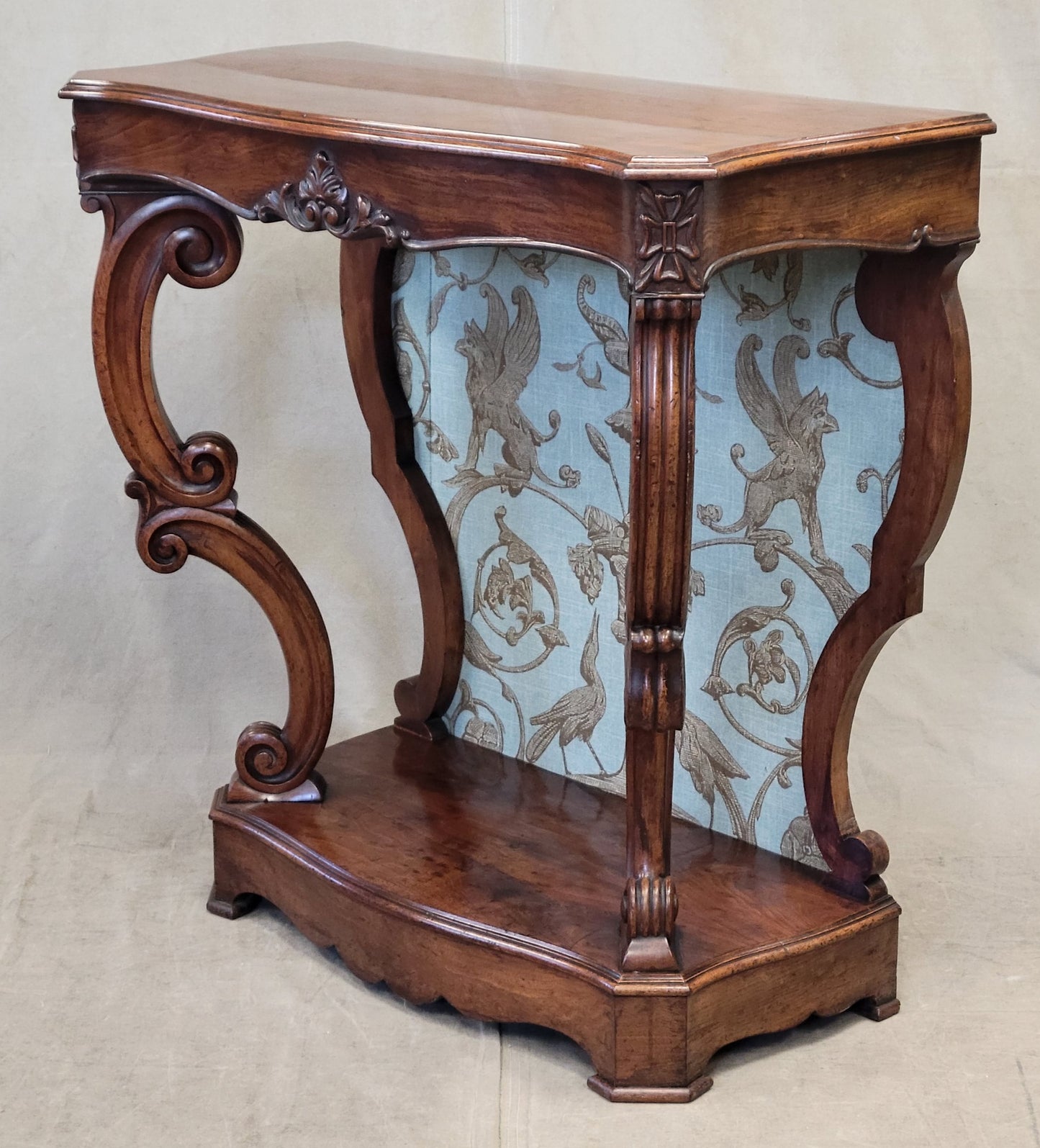 Antique Louis Phillipe Console Table or Server With Thibaut Renaissance Fabric Panel