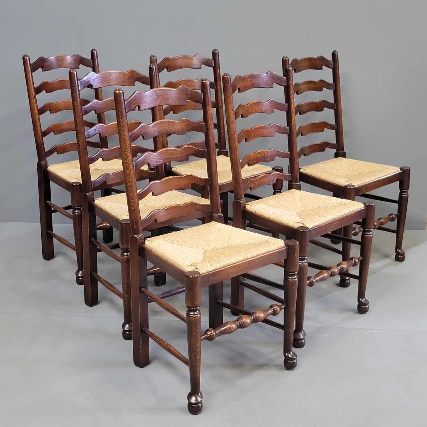 Vintage English Oak Ladderback Chairs With Rush Seats - Set of 8