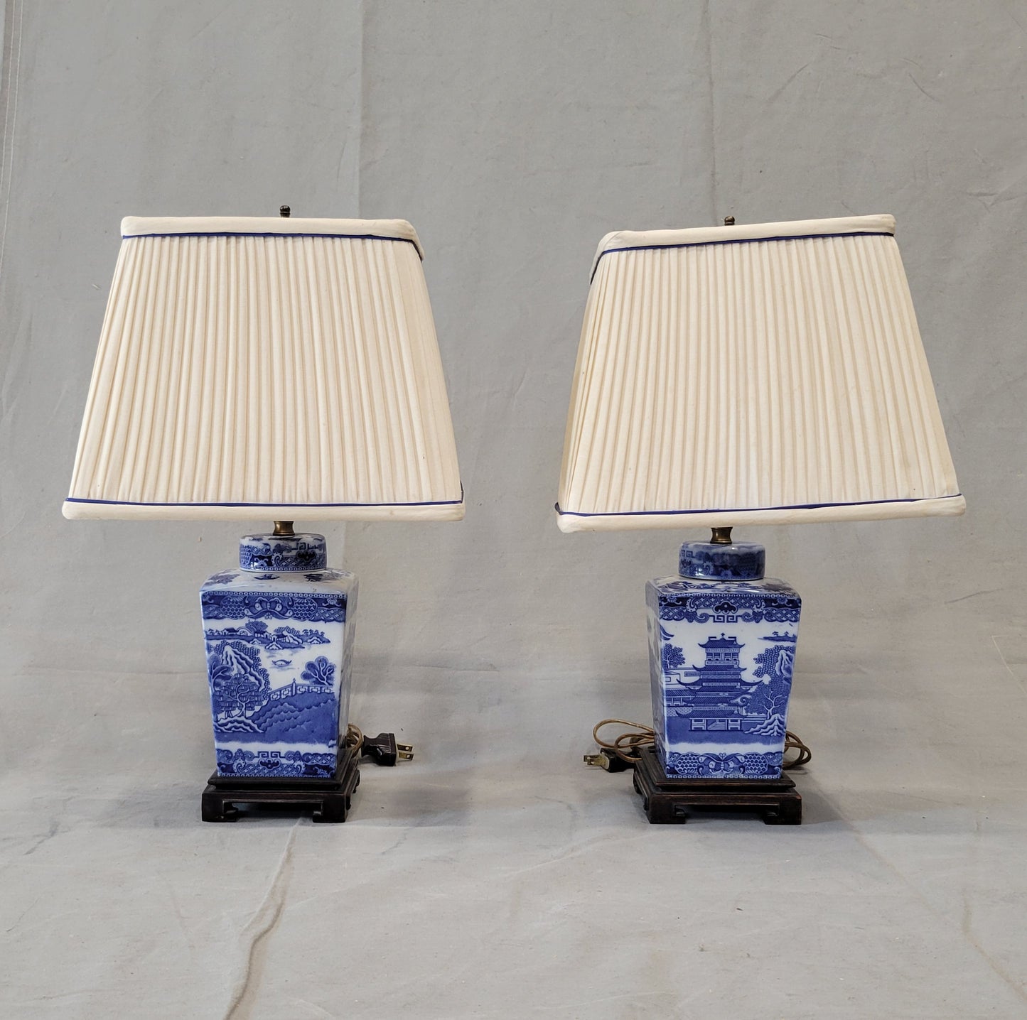 Vintage Blue Willow Lamps With Silk Lampshades - a Pair