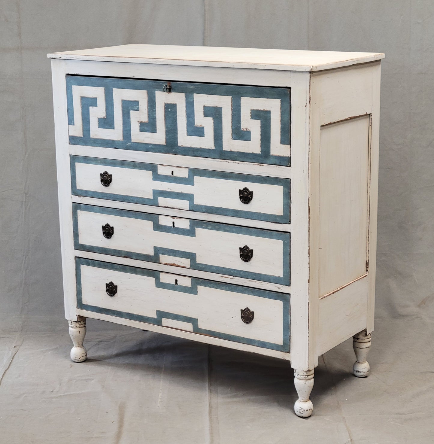 Antique English Painted Dresser Chest of Drawers With Greek Key Motif