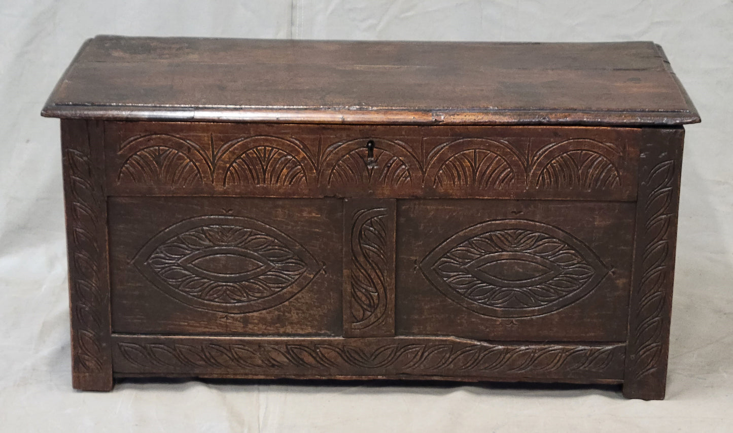 Antique 1800s English Carved Oak Coffer Storage Trunk Box