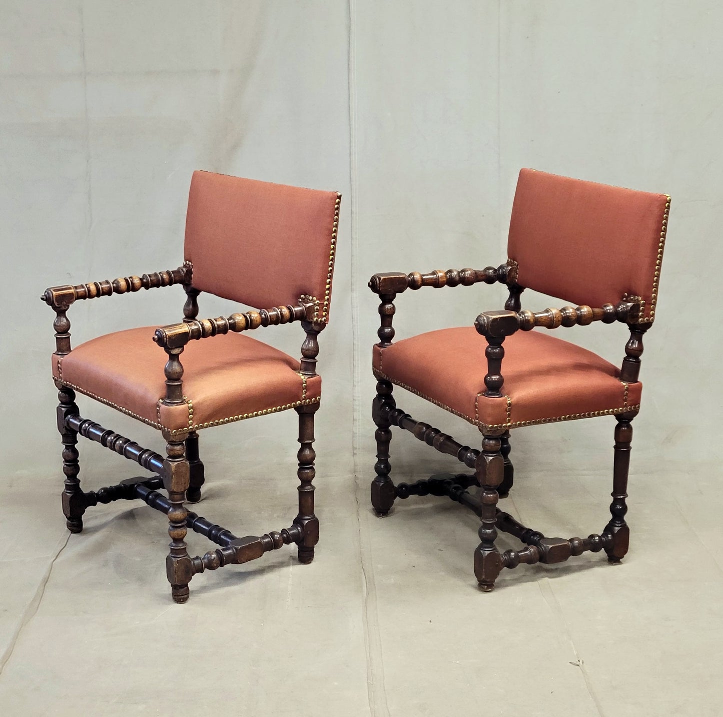 Antique European Renaissance Revival Chairs with Terracotta Linen Upholstery - a pair