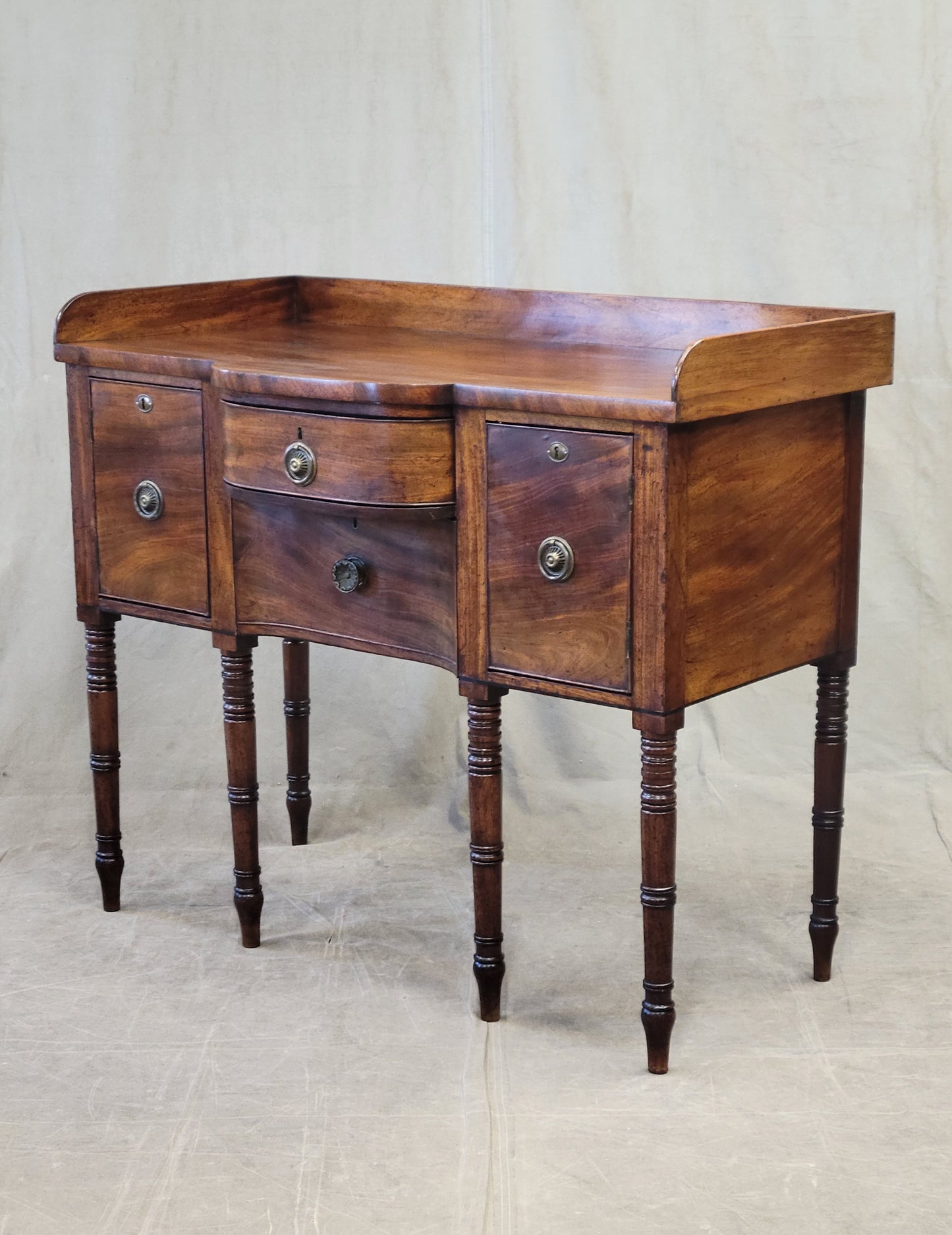 Antique English Mahogany Hepplewhite Style Bowfront Buffet With Brass Pulls