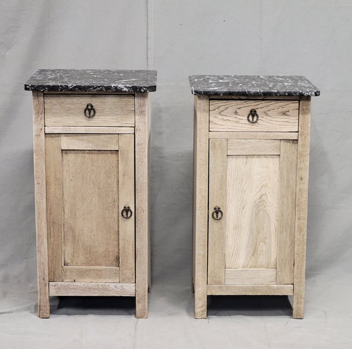 Antique English Bleached Oak Nightstands With Black Marble Tops - a Near Pair