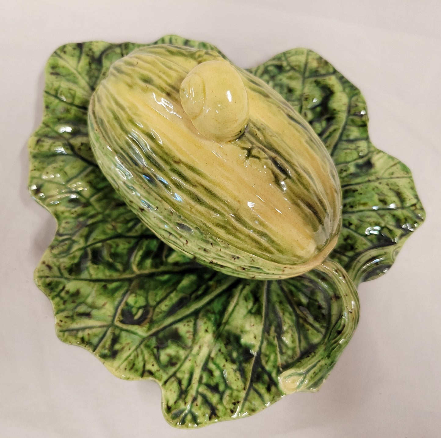 Antique Majolica Melon on Leaf Dish in the Style of Sarreguemines