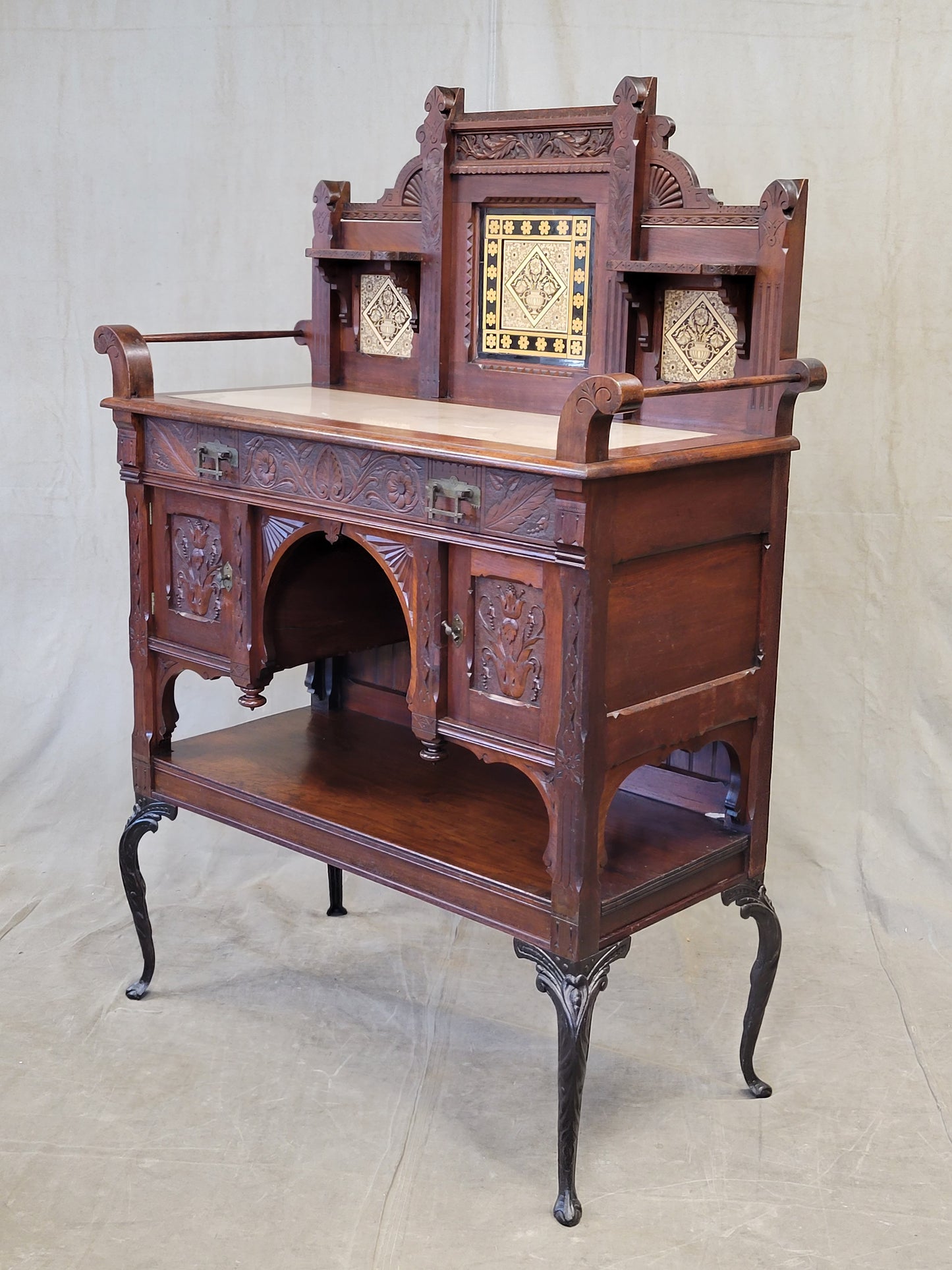 Antique English Aesthetic Movement Walnut, Marble and Minton Tile Sideboard