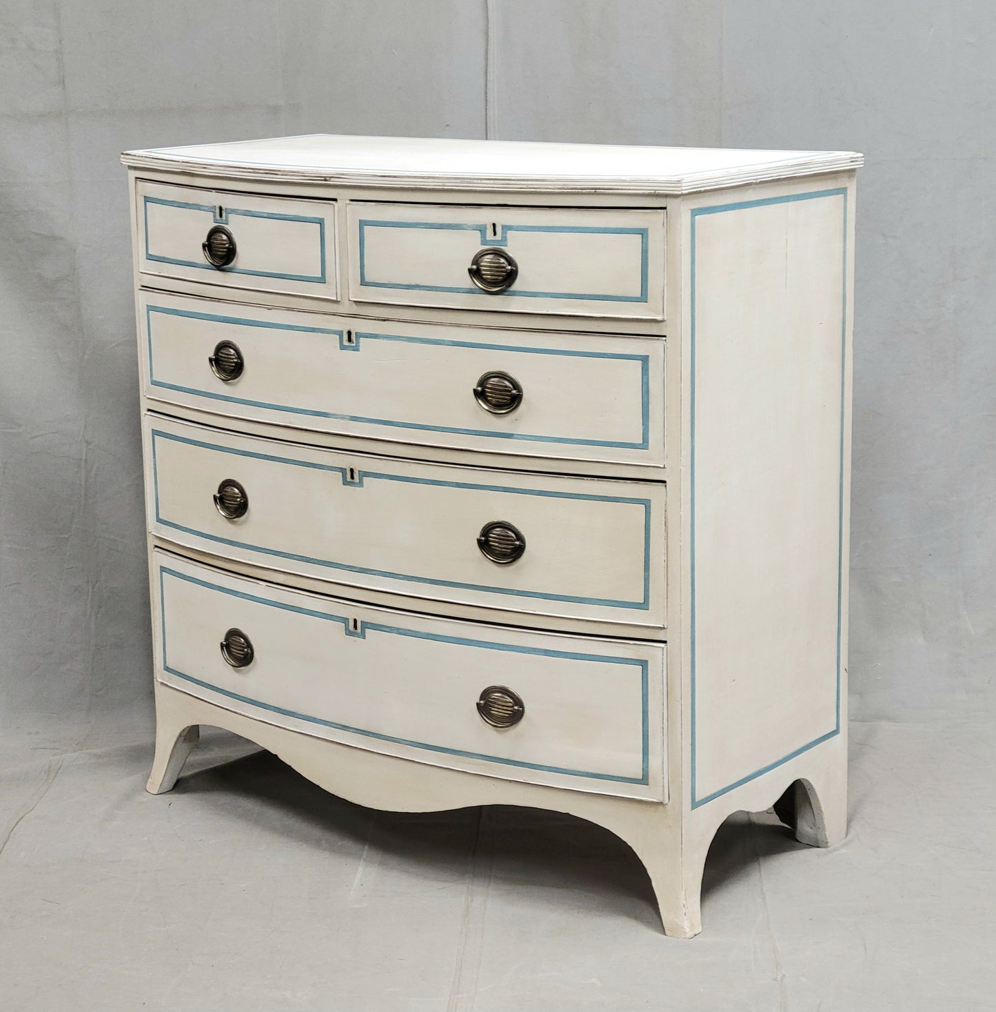 Antique English Painted Mahogany Dresser With Blue French Line Motif