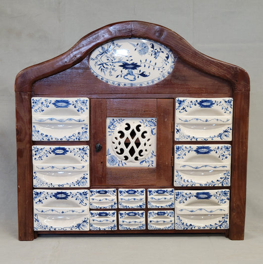 Vintage Dutch Spice Cabinet With 'Blue Onion' Ceramic Inserts
