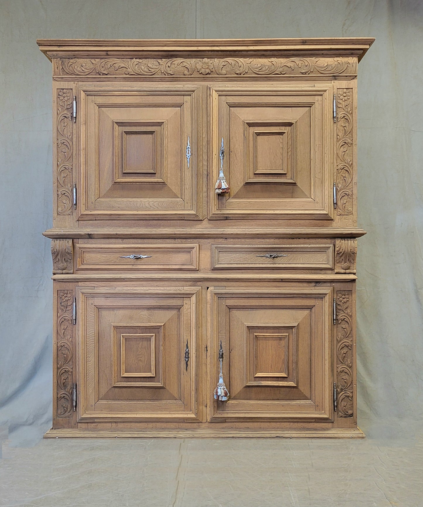 Antique French Bleached Oak and Pine Deux Corps Carved Cupboard With Blue French Ticking Interior