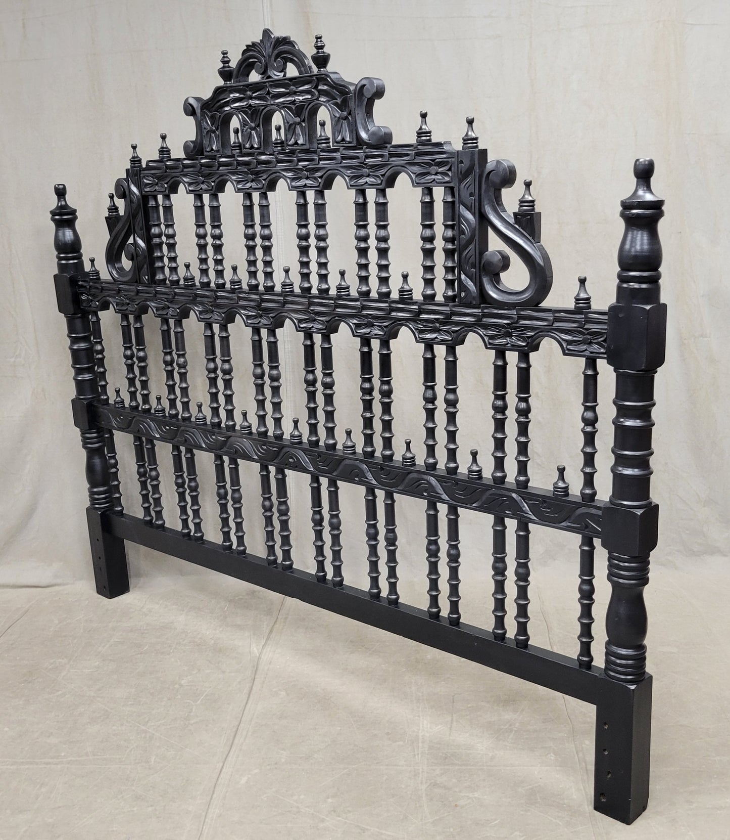 Vintage Spanish Colonial Revival Carved Wood "Pagoda" King Size Headboard