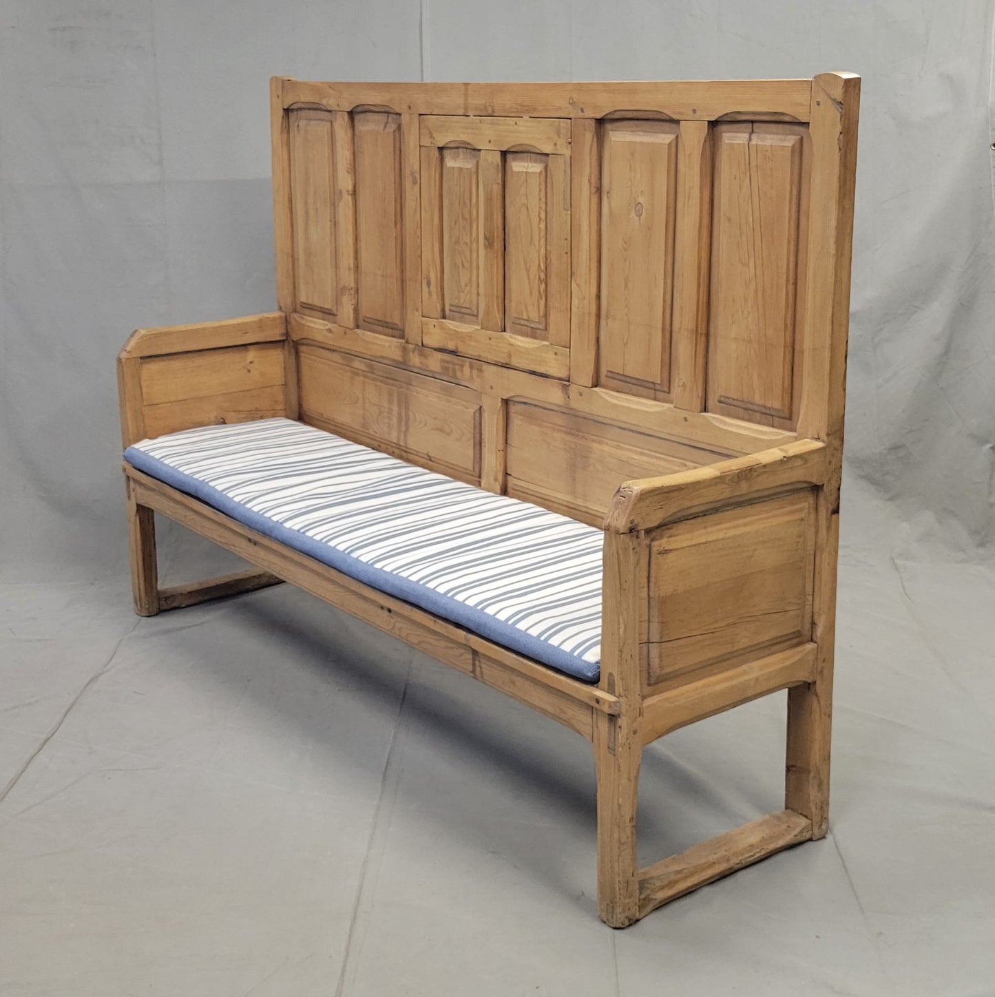 Antique Rustic Pine Long Settle Bench With Blue and White Cushion