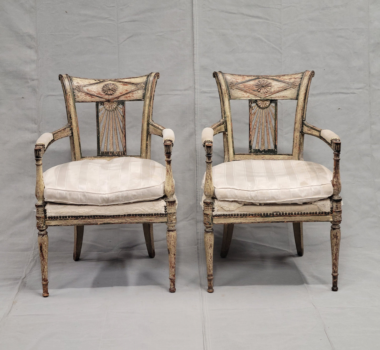 Antique Maison Jansen Style French Louis XVI Painted Fauteuil Chairs - a Pair