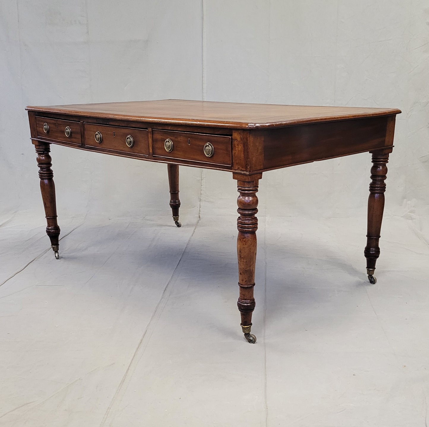 Antique Mid 1800s English Mahogany Partner Desk With Tooled Leather Top