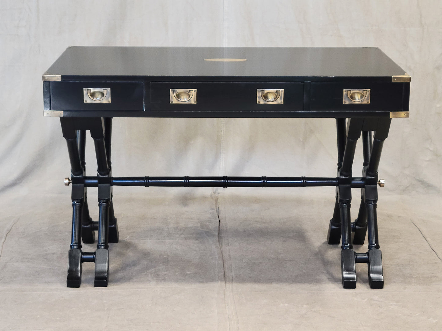 Vintage Bombay Company Faux Bamboo Campaign Desk With Black Lacquer