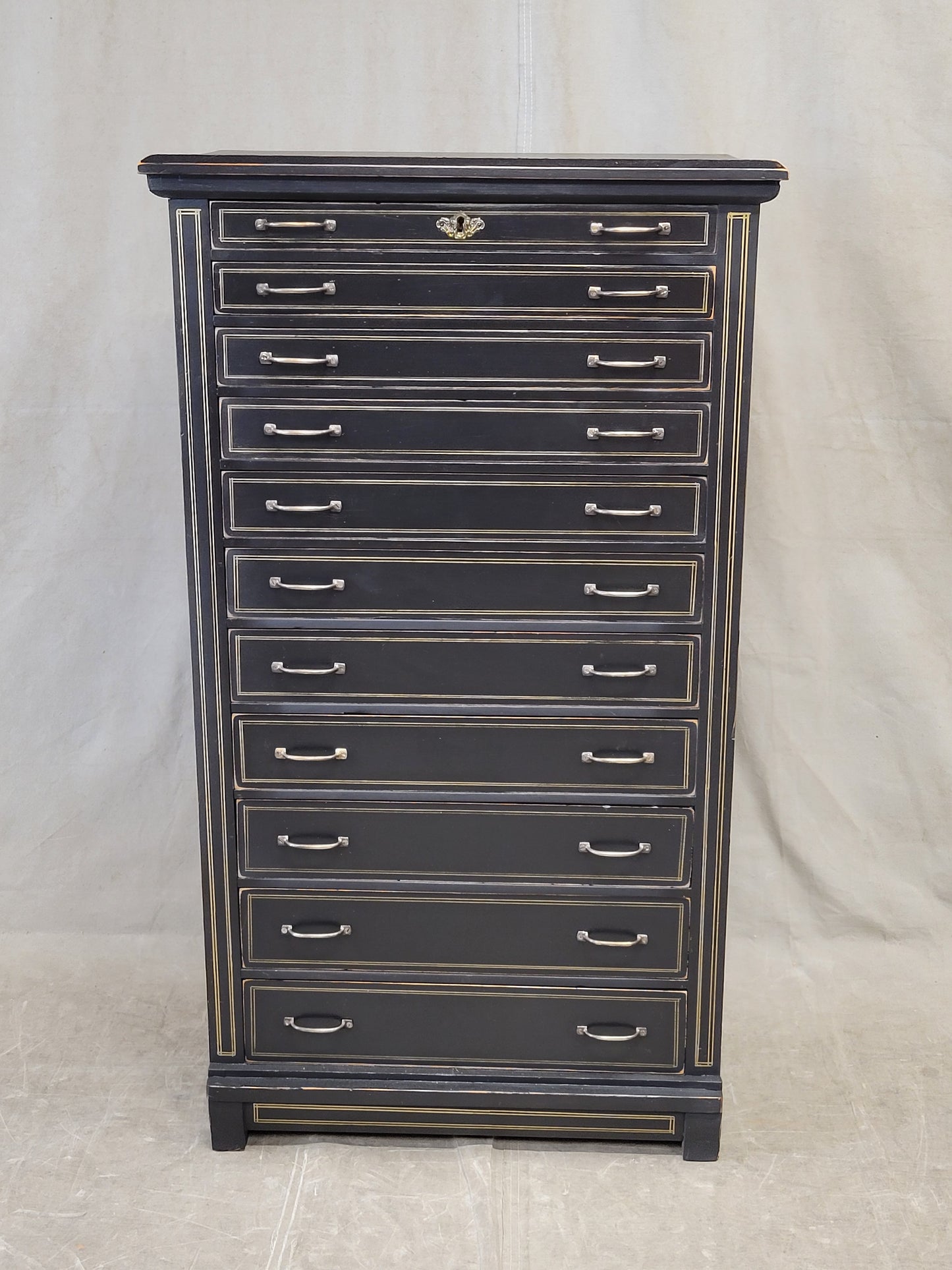 Antique Black Painted Pine 11 Drawer Lingerie Chest With Gold French Lines