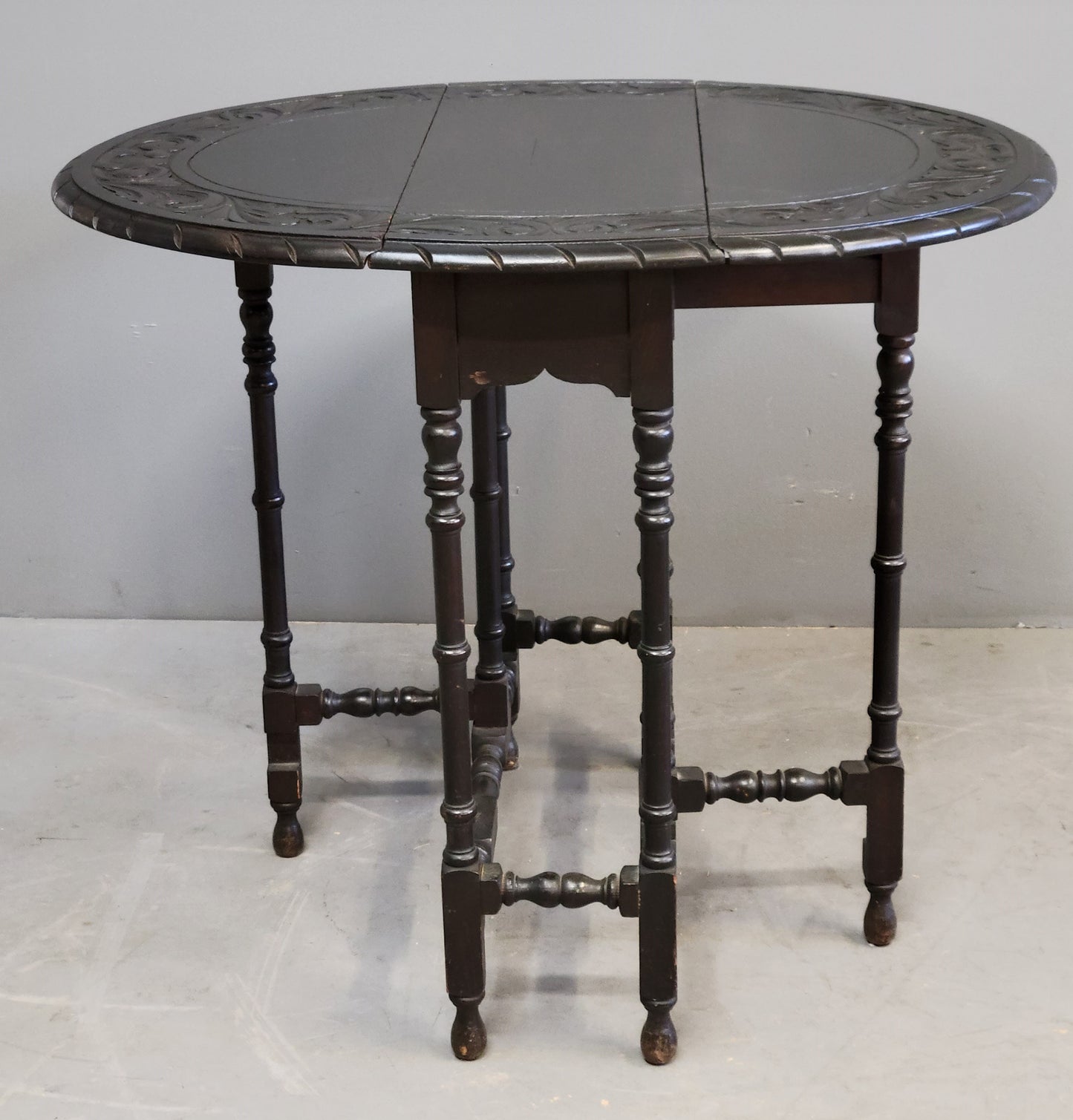 Antique Early 1900s English Ebonized Oak Handcarved Gate Leg Side Table