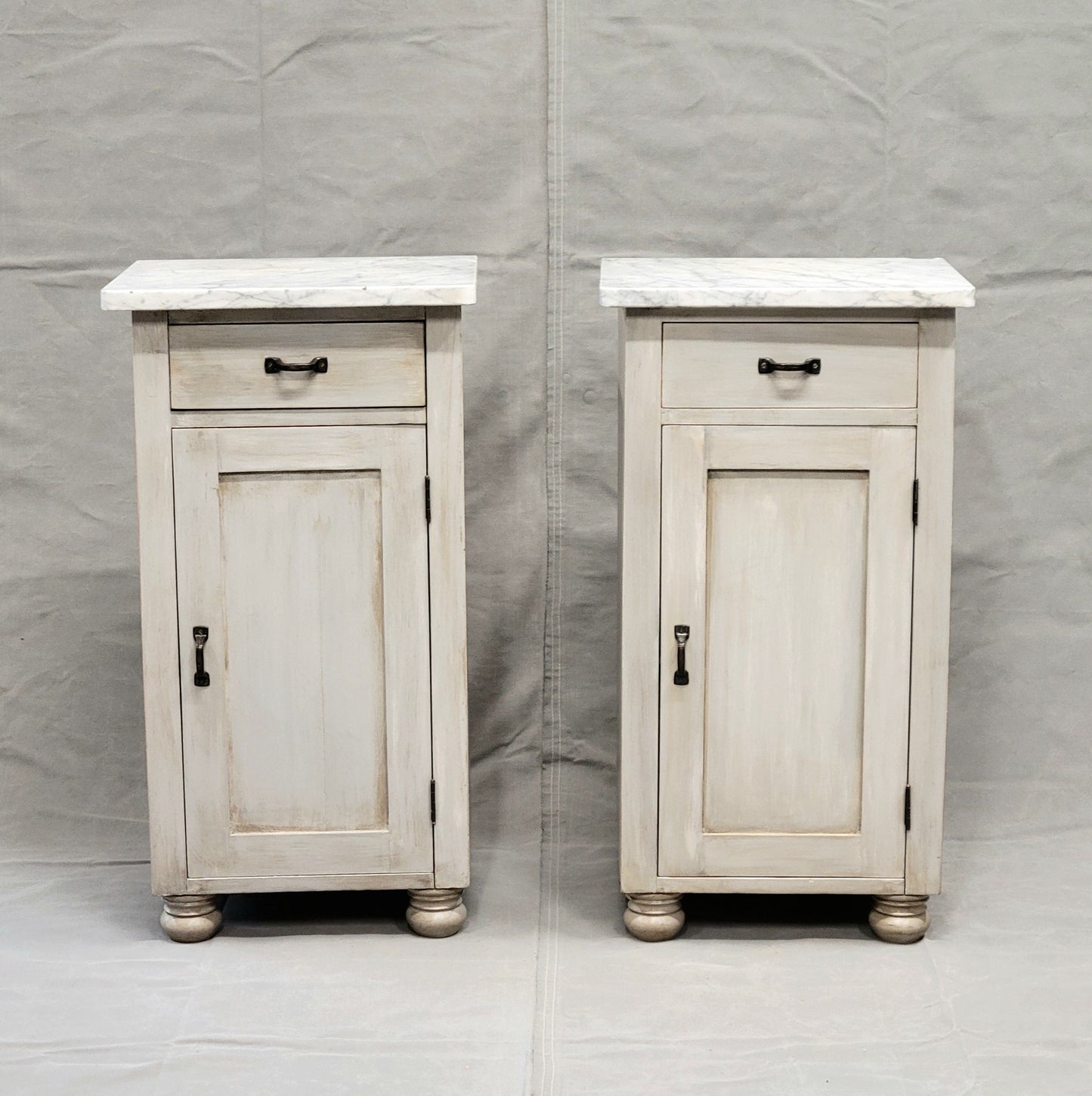 Pair of Vintage Painted Pine Nightstands With Carrera Marble Tops