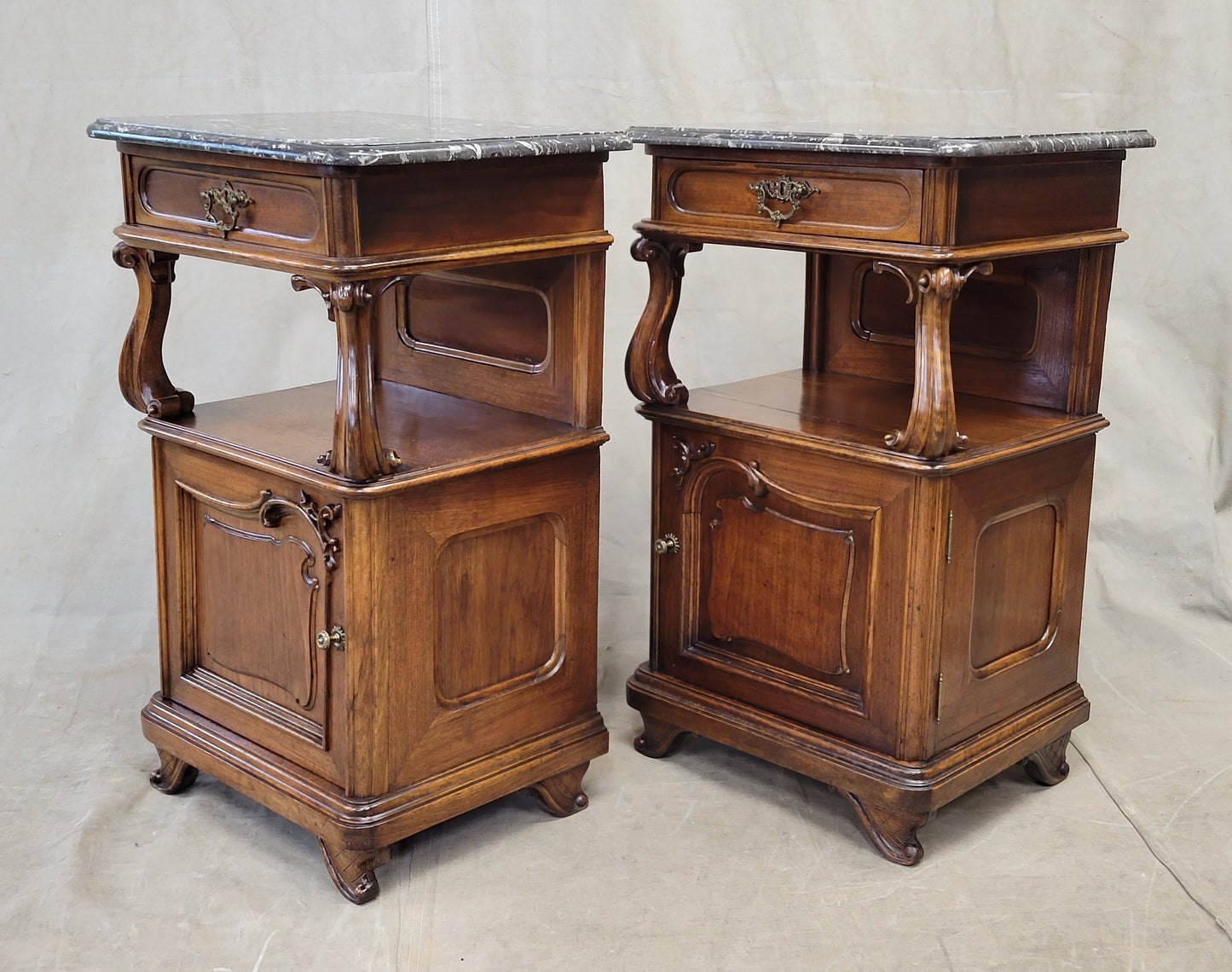 Antique Austrian Walnut and Black Marble Top Nightstands - a Pair