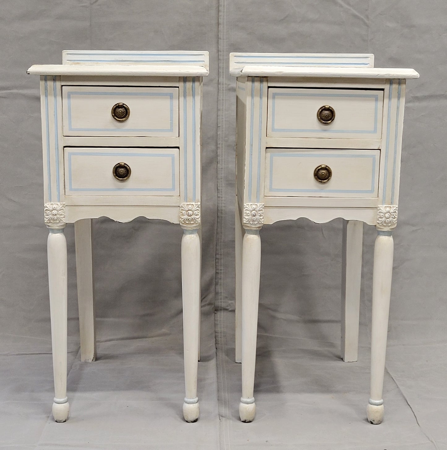 Vintage White Nightstands With Blue Striping - a Pair