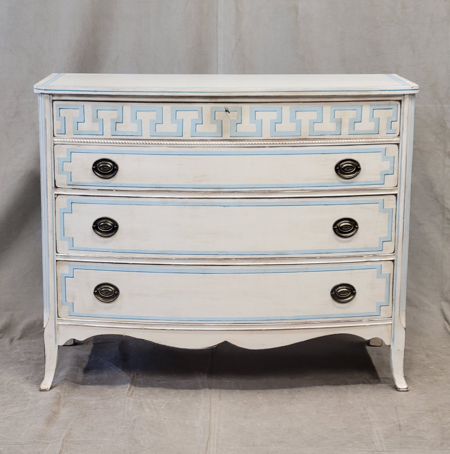 Vintage Painted Blue and White Trompe l'Oeil Bow Front Dresser With Greek Key Motif