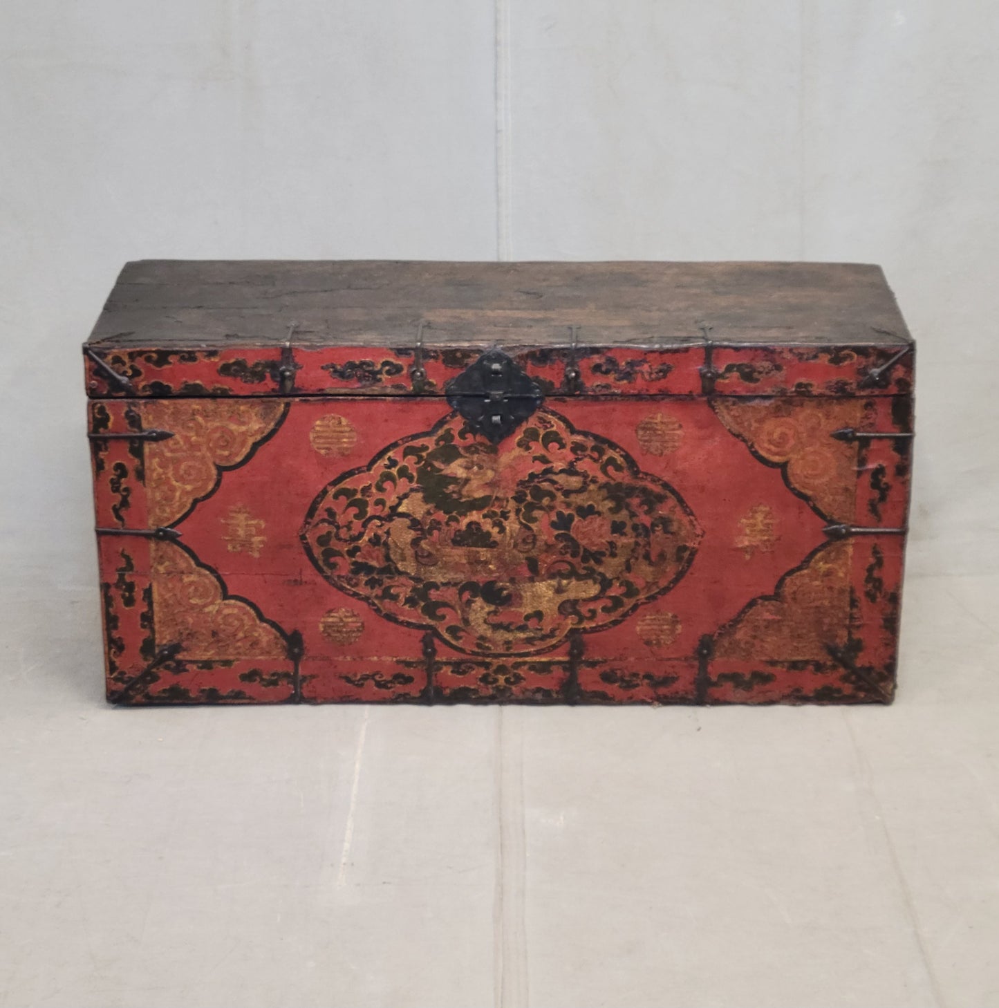 Antique Early 1900s Tibetan Trunk With Original Paint in Dragon Motif