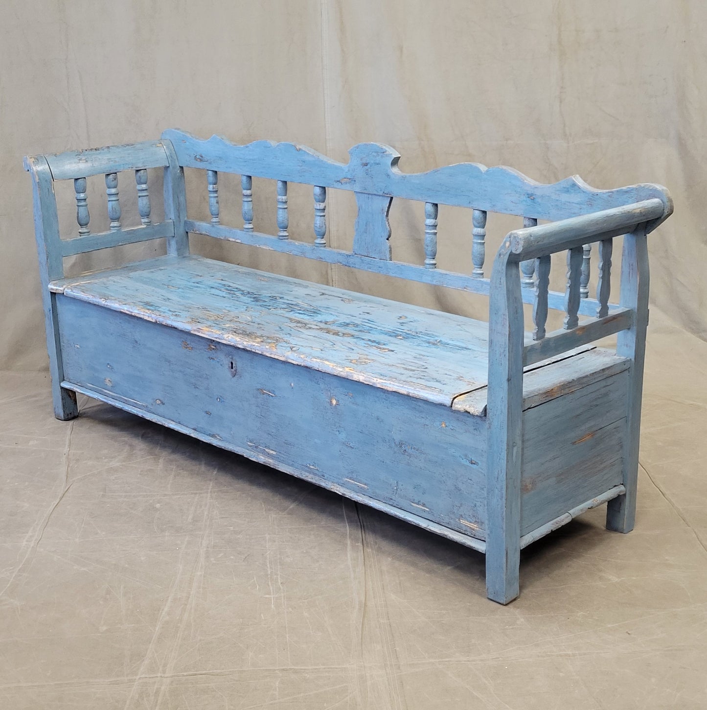 Antique Pine Hungarian Storage Bench With Old Blue Paint