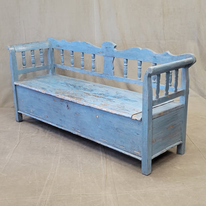 Antique Pine Hungarian Storage Bench With Old Blue Paint