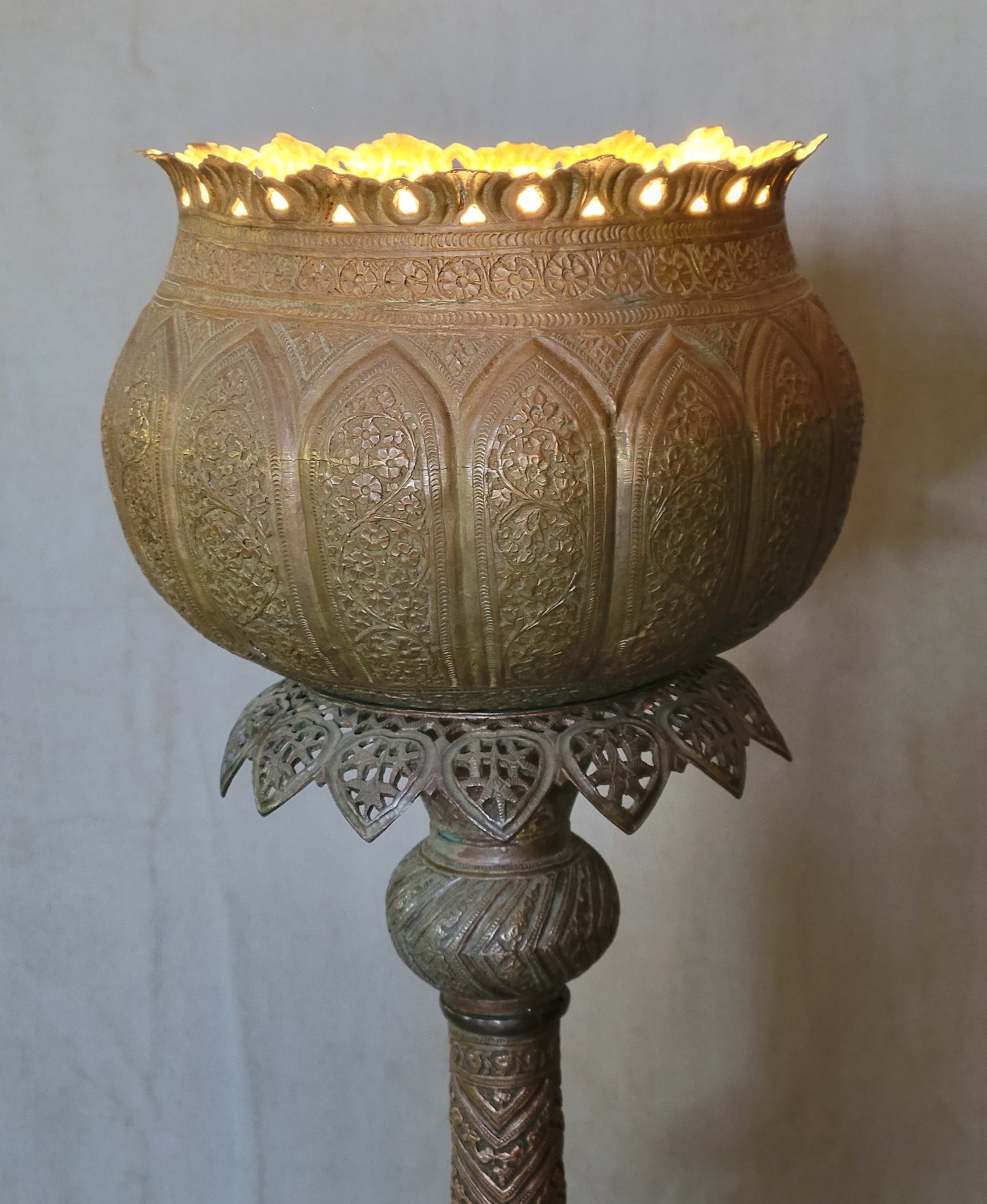 Antique Middle Eastern Moroccan Moorish Incised Copper Floor Lamp Torchiere