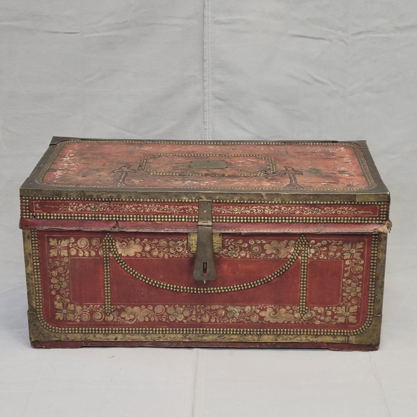 Antique Red Leather, Brass and Camphor Wood Chinese Export Trunk