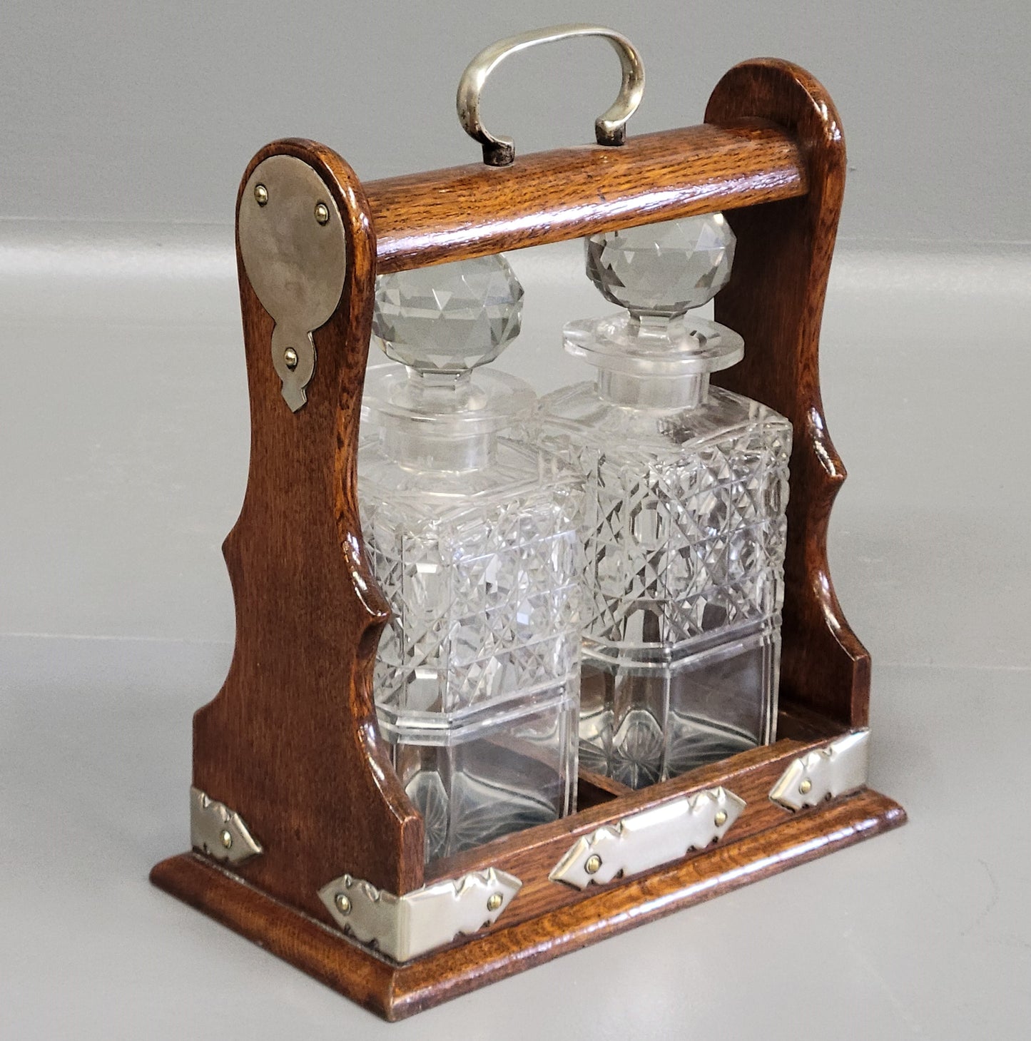 Antique Circa 1900 English Two Bottle Cut Crystal and Oak Tantalus