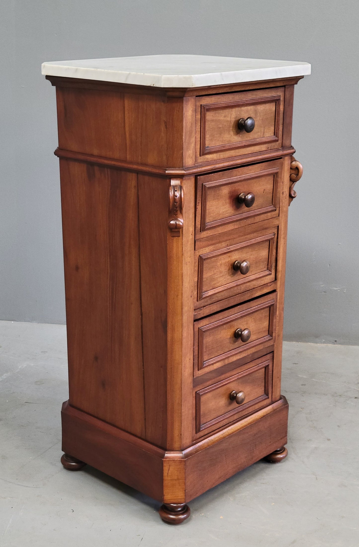 Antique 1860s English Mahogany and Carrera Marble Nightstand/Pot Cupboard With Drawers