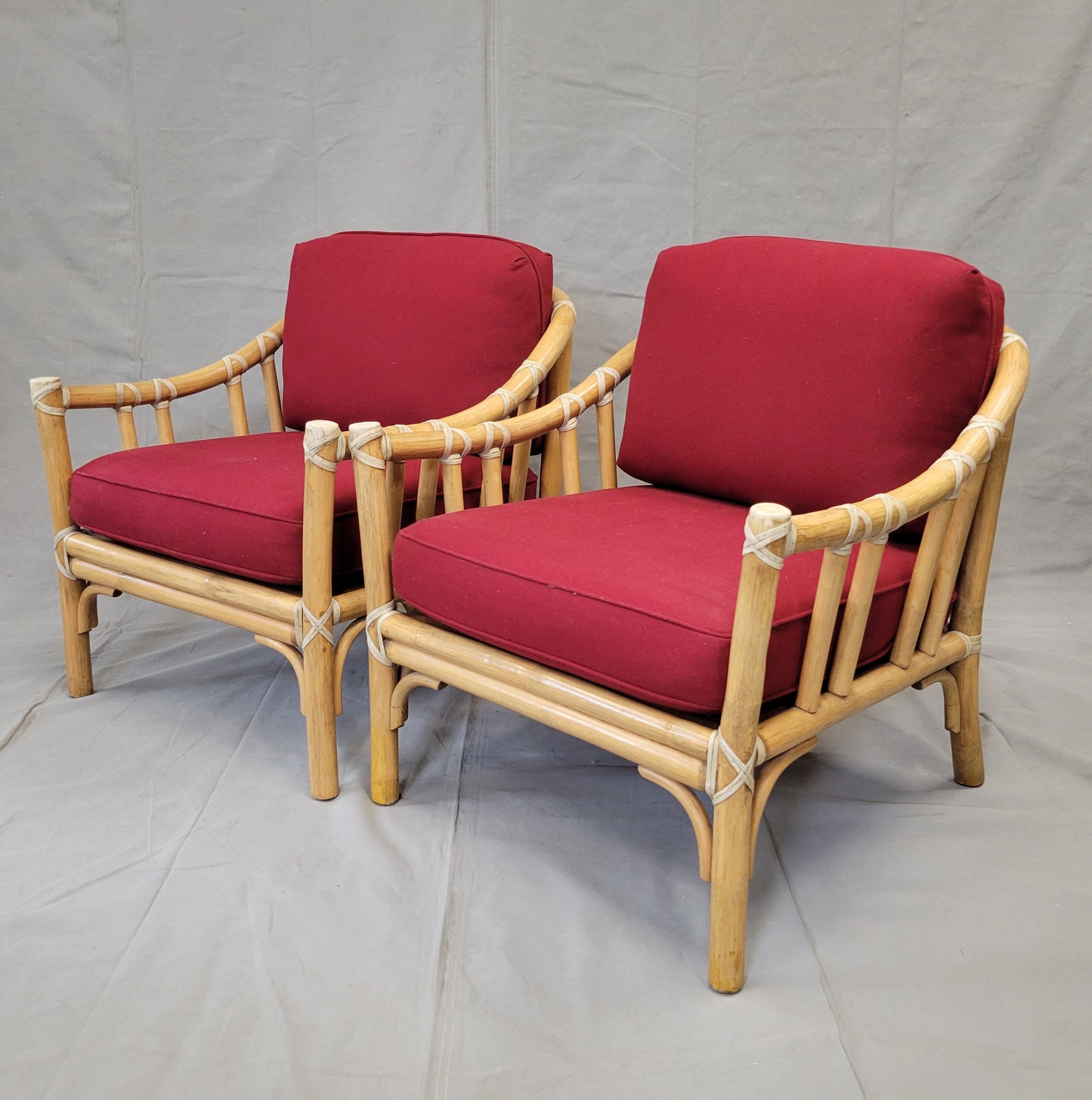 Vintage 1978 McGuire Bamboo Lounge Chairs With Rawhide Binding (Two Sets of Cushions) - a Pair