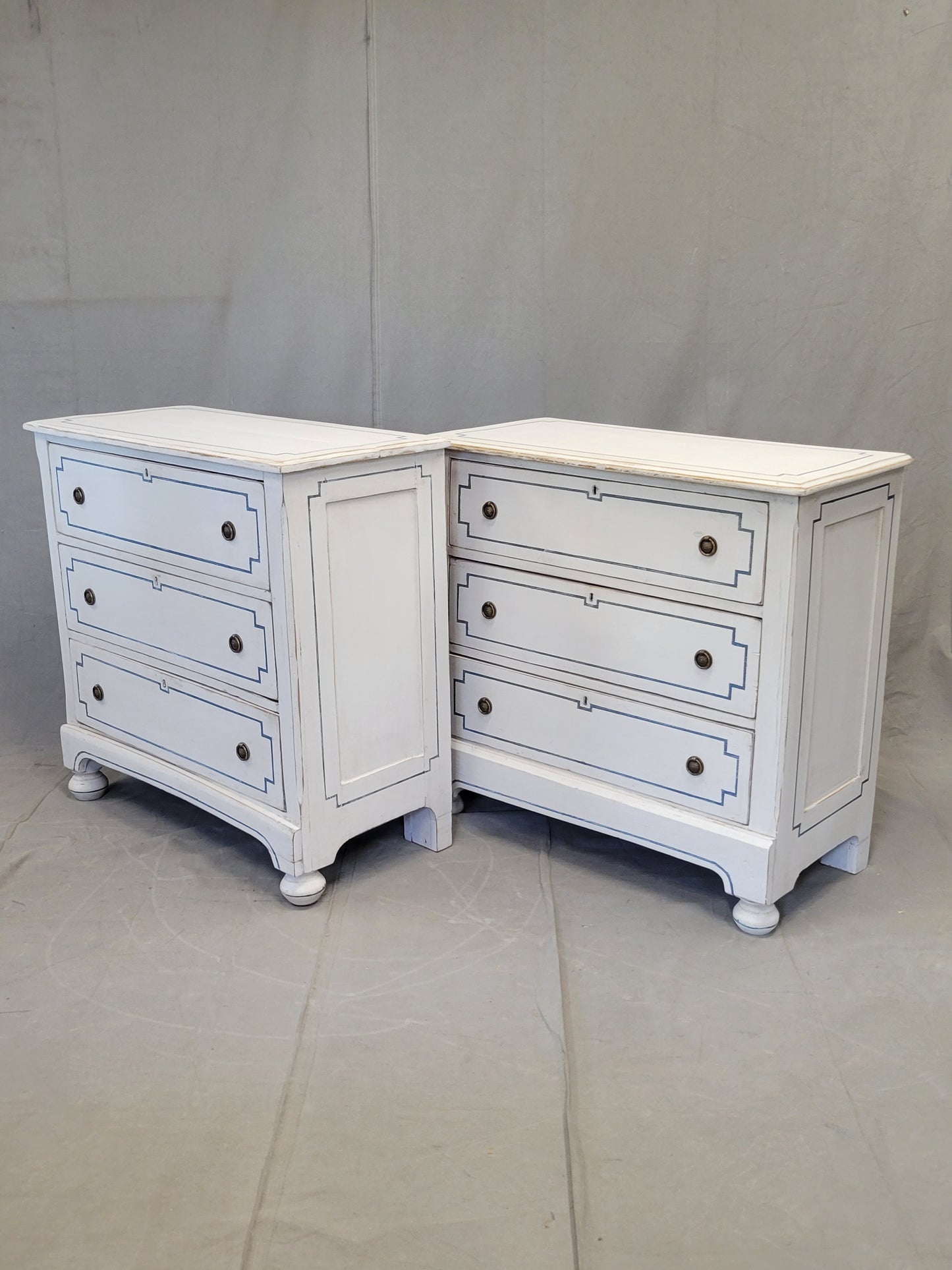 Pair of Antique 19th Century Pine Painted White Dressers With Blue French Line Motif