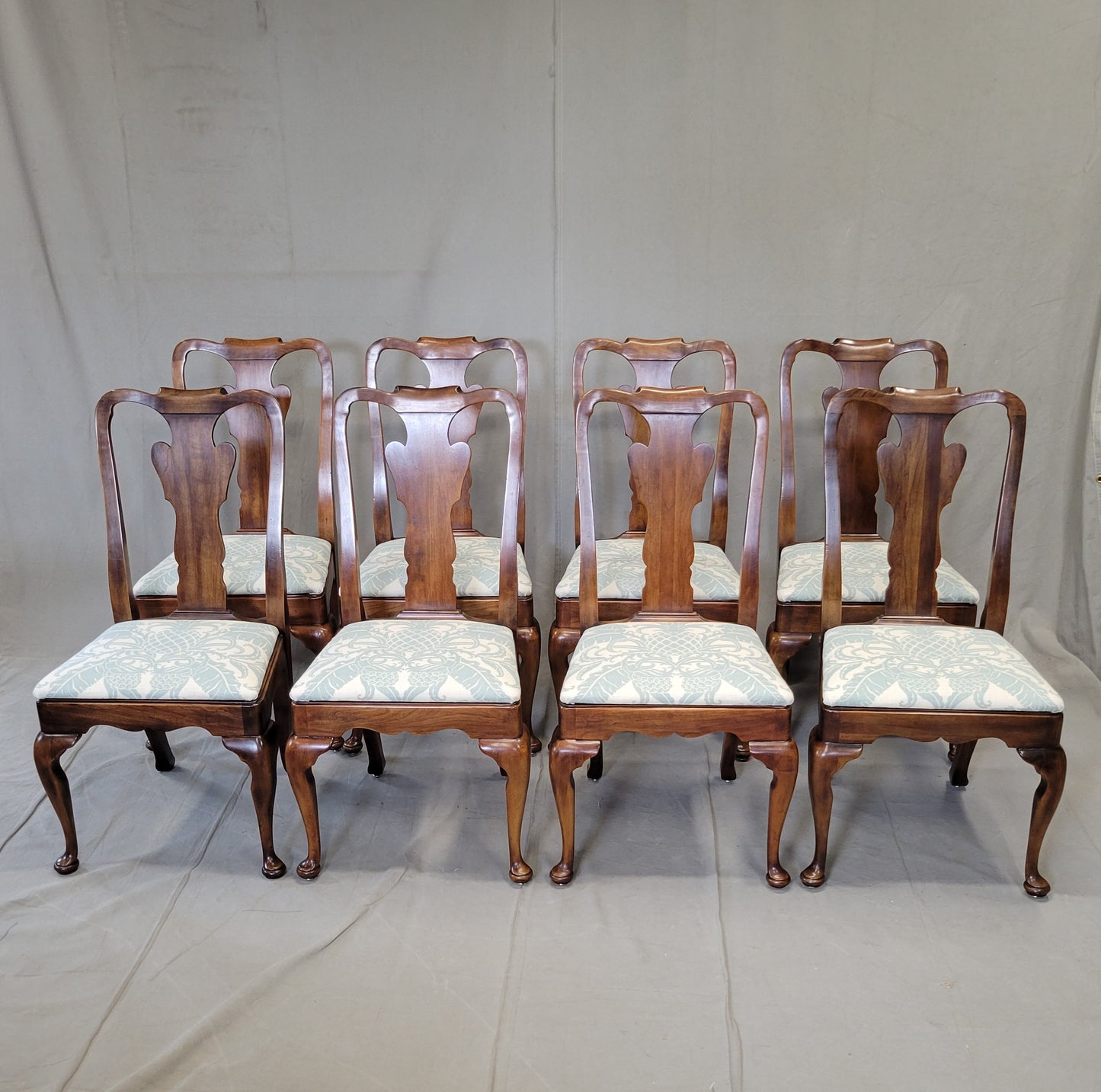 Set of 10 Vintage 1980s Statton Furniture Dining Room Chairs With Tommy Bahama Fabric Seats