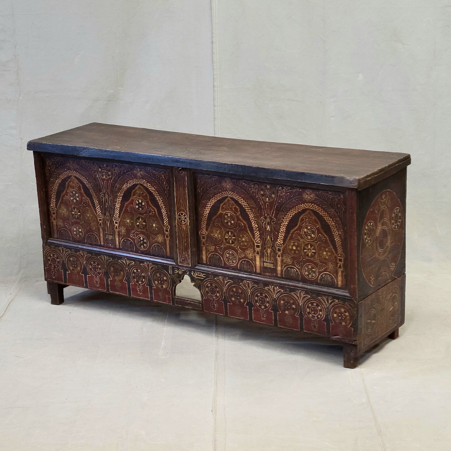 Vintage Berber Moroccan Trunk With Handpainted Arched Designwork, Signed