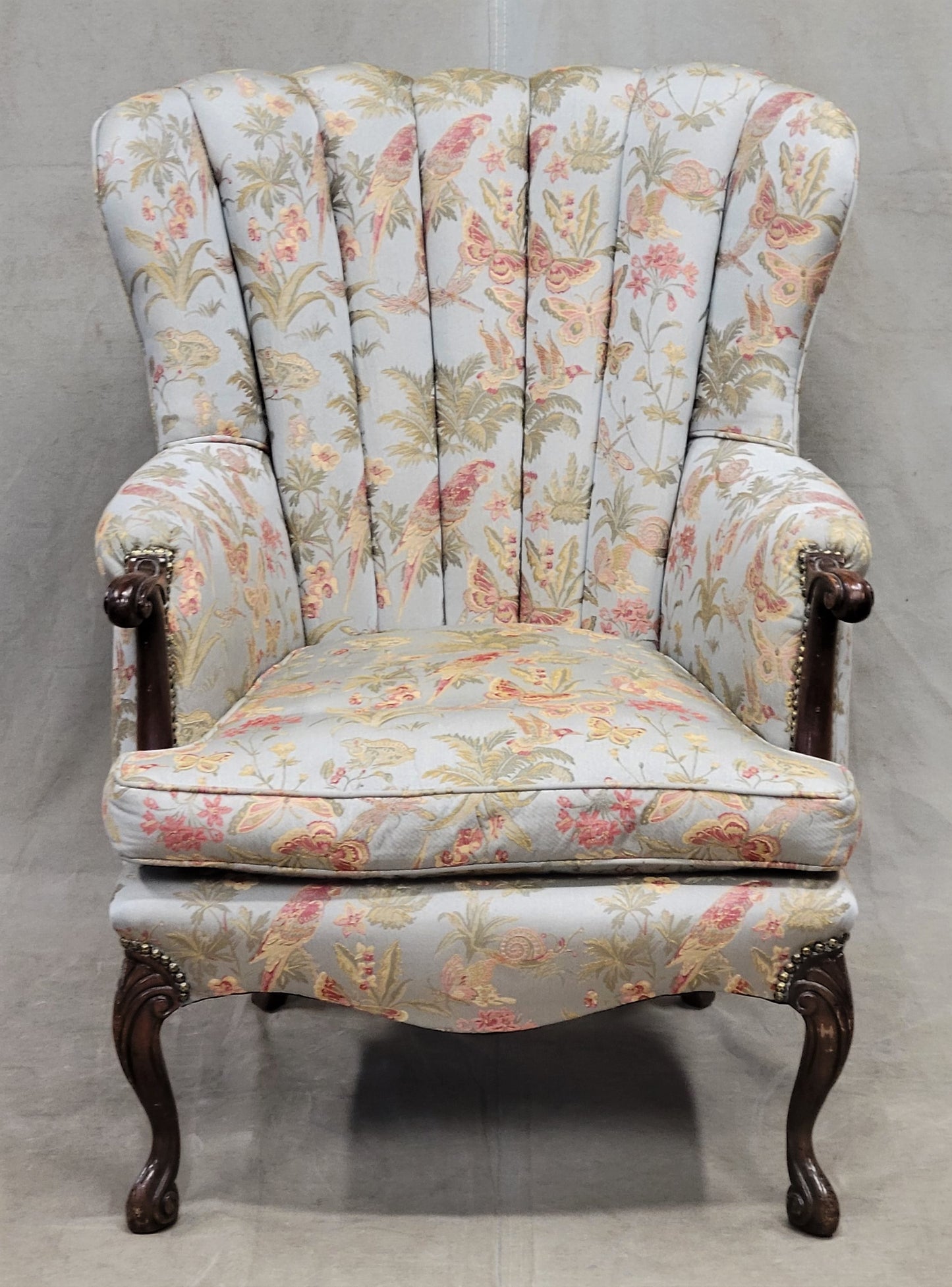 Vintage 1930s Art Deco Fan Back Bergere Chair With Kravet Parrot and Butterfly Damask Fabric