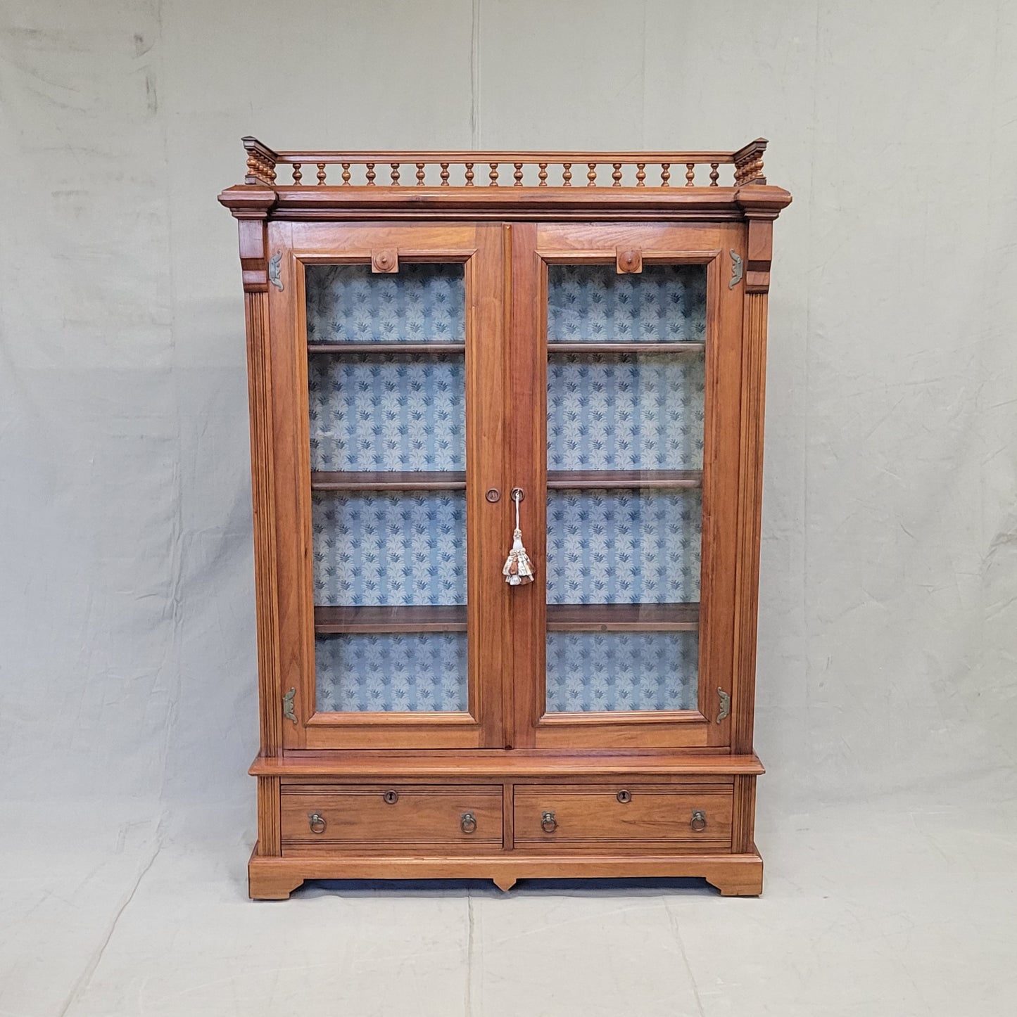 Antique Walnut Glass Door Bookcase With Blue Interior