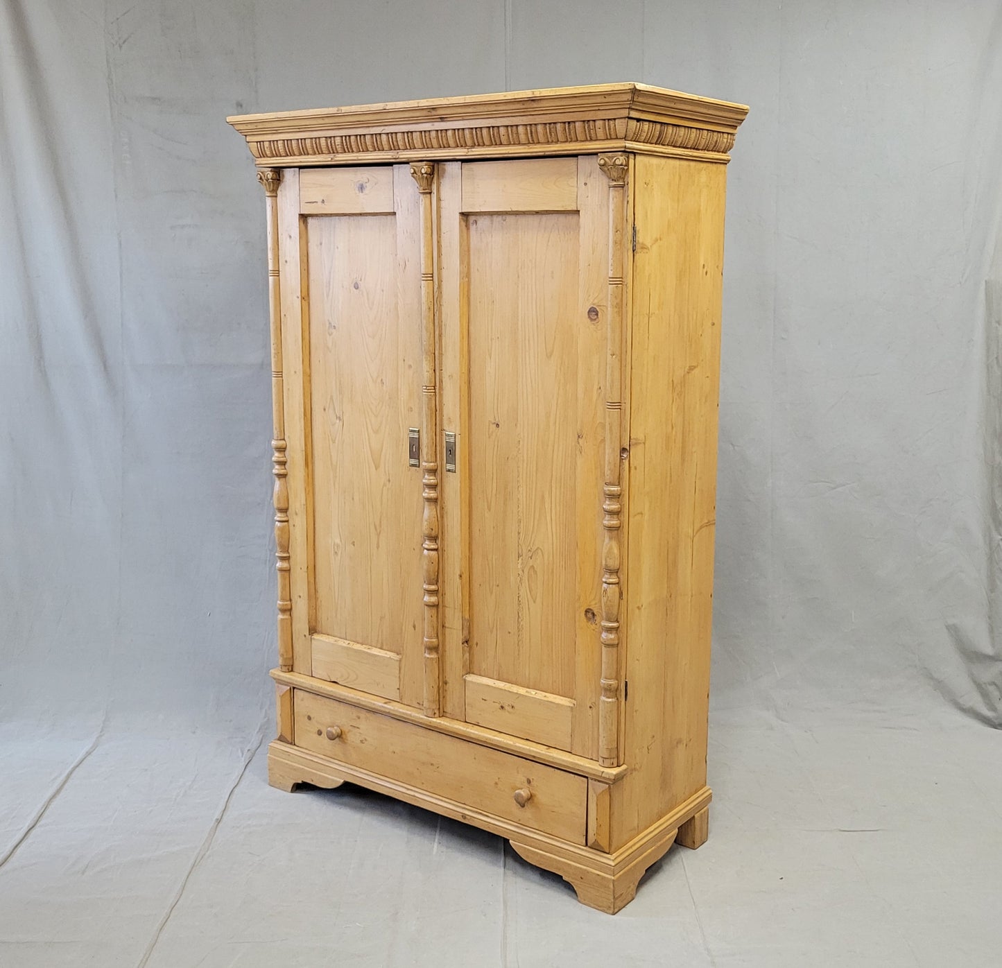 Antique Eastern European Pine Armoire Wardrobe With Shelves