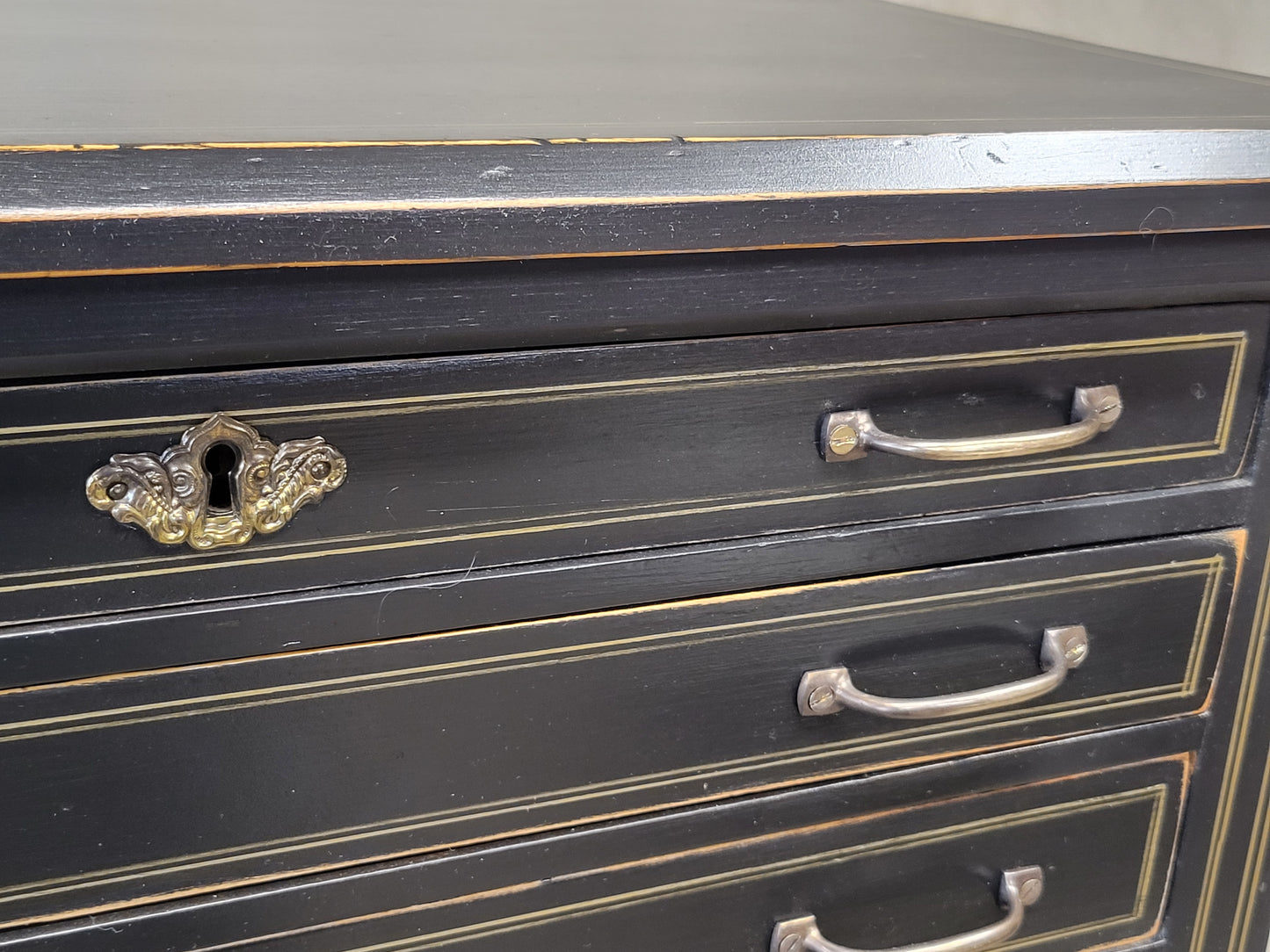 Antique Black Painted Pine 11 Drawer Lingerie Chest With Gold French Lines