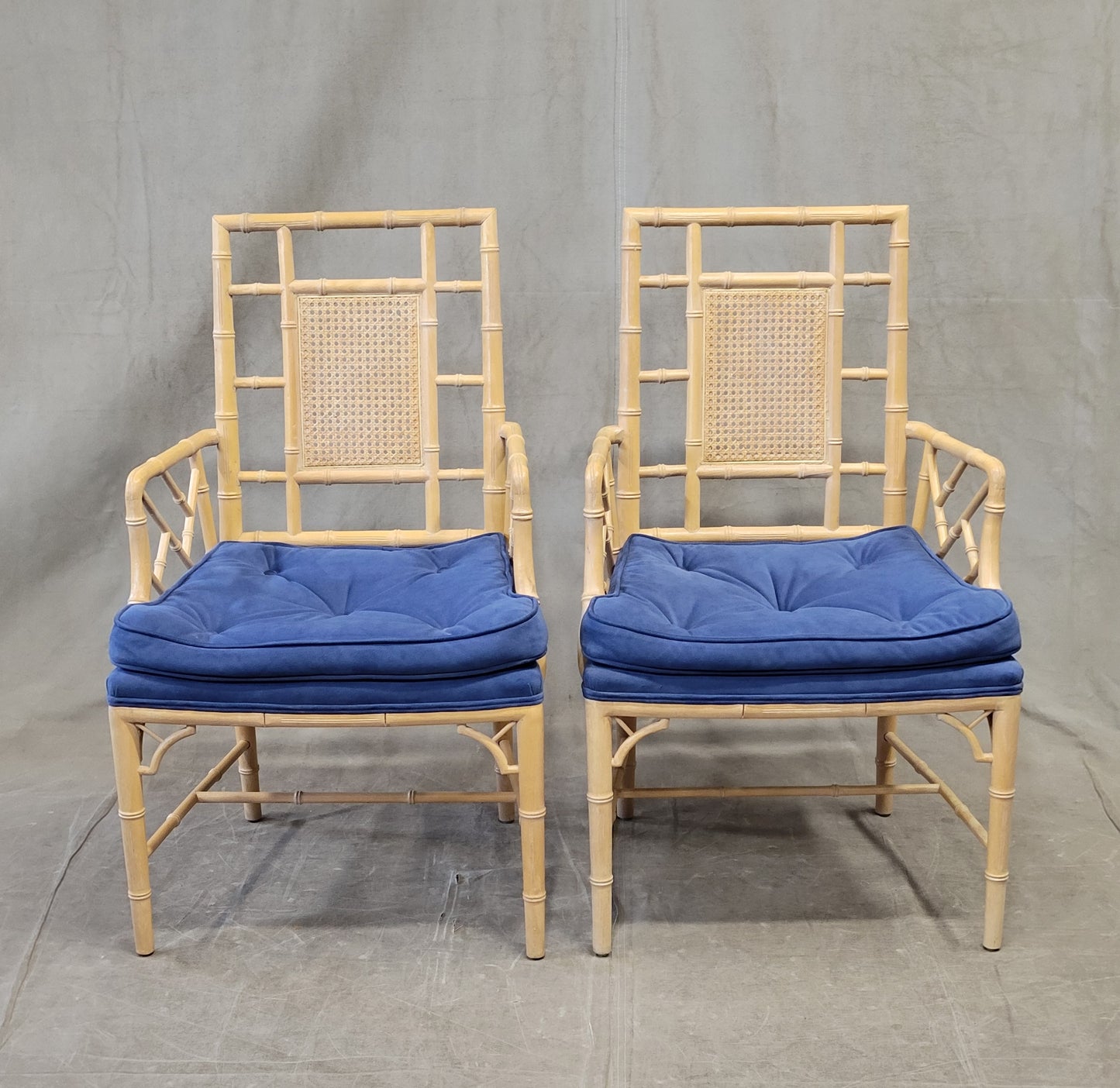 Vintage Faux Bamboo Chairs With Blue Cushions - a Pair