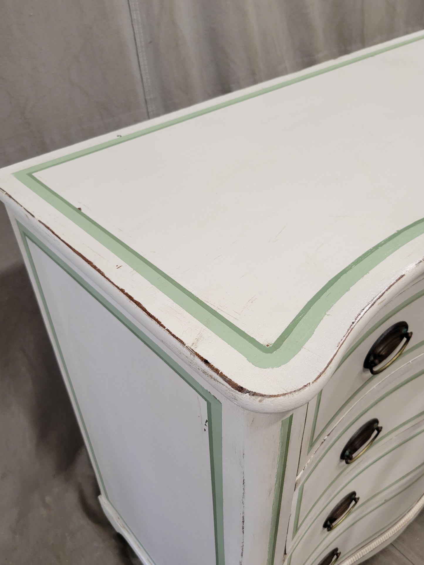 Antique Serpentine Front Dresser Painted White With Green French Line Motif