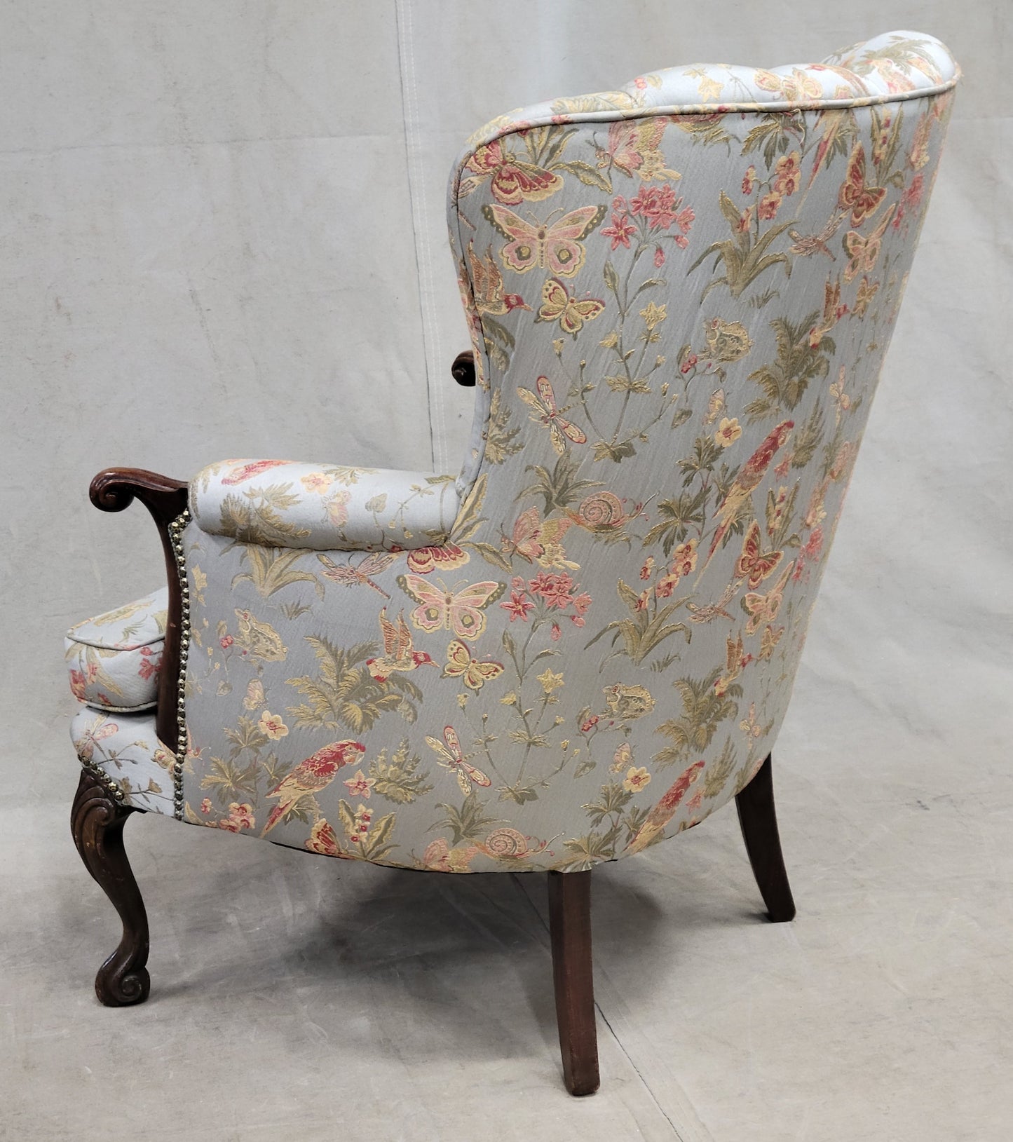 Vintage 1930s Art Deco Fan Back Bergere Chair With Kravet Parrot and Butterfly Damask Fabric