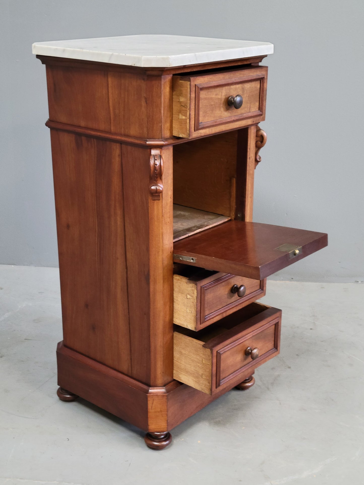 Antique 1860s English Mahogany and Carrera Marble Nightstand/Pot Cupboard With Drawers