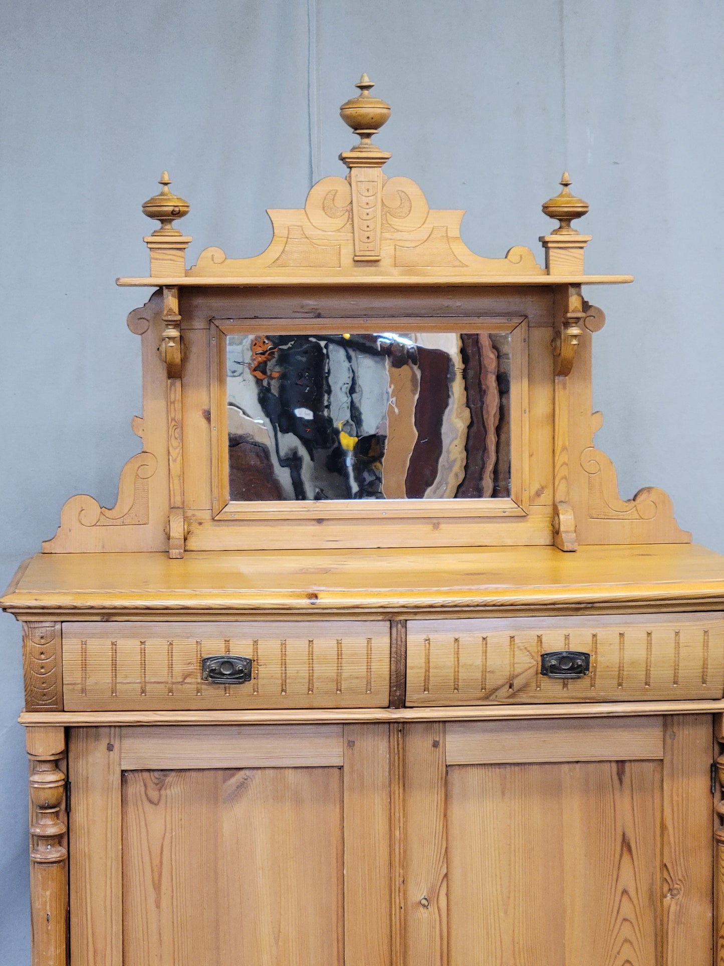 Antique Circa 1880 Swedish Pine Sideboard Buffet With Original Mirror